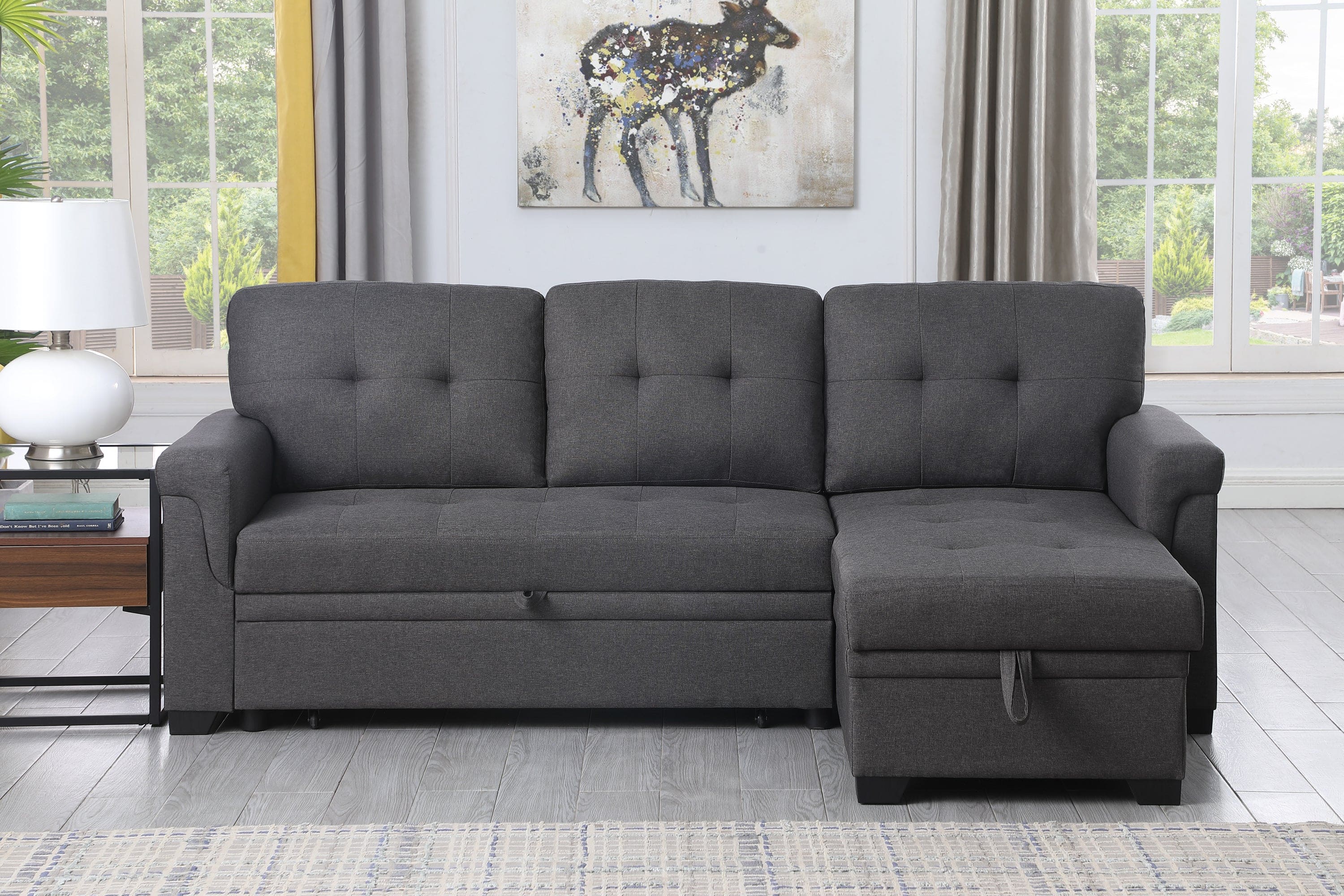 Lucca Dark Gray Linen Reversible Sleeper Sectional Sofa with Storage Chaise