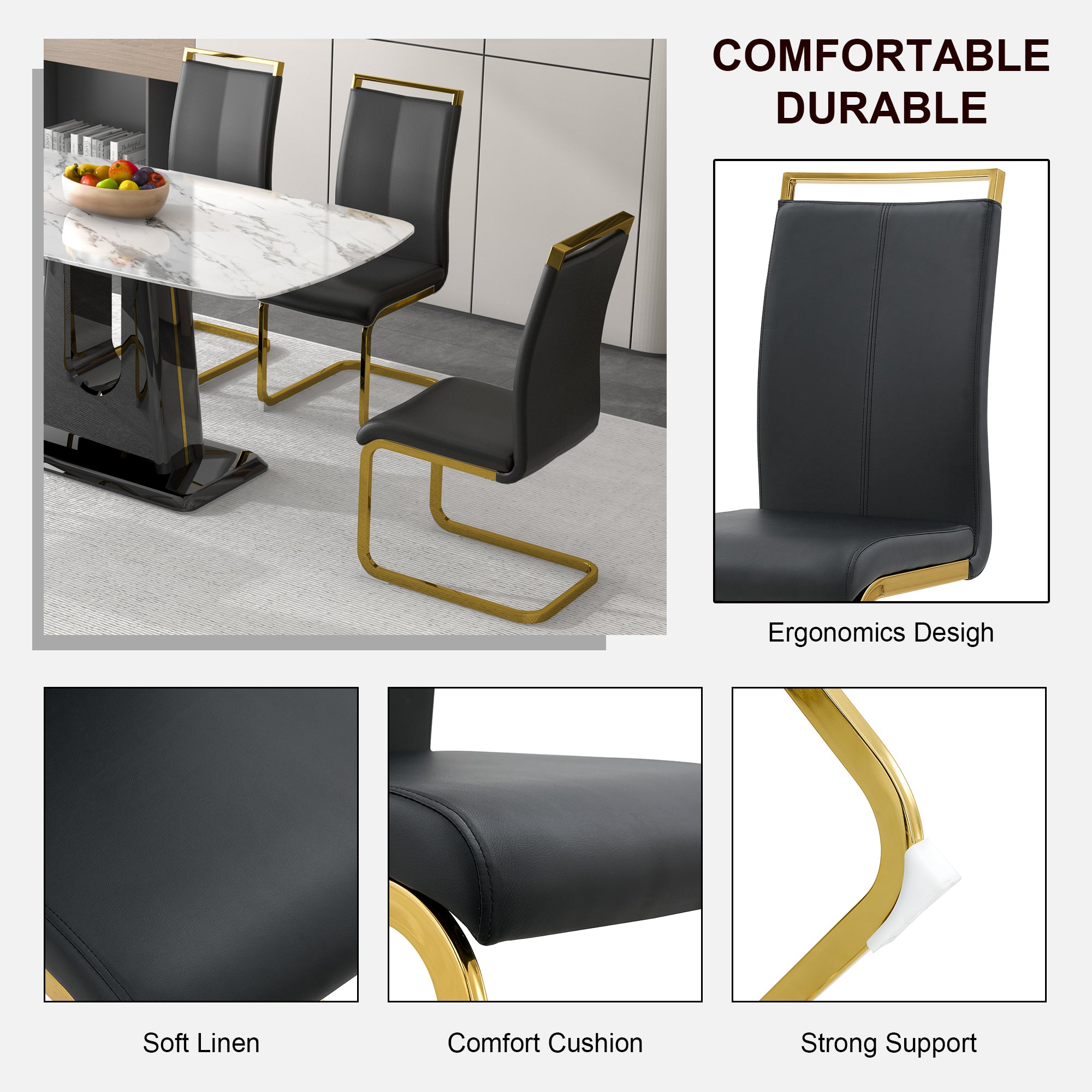 1 table and 4 chairs. Modern, simple and luxurious black imitation marble rectangular dining table and desk with 4 black PU gold plated leg chairs 63'' x 35.4'' X 30''