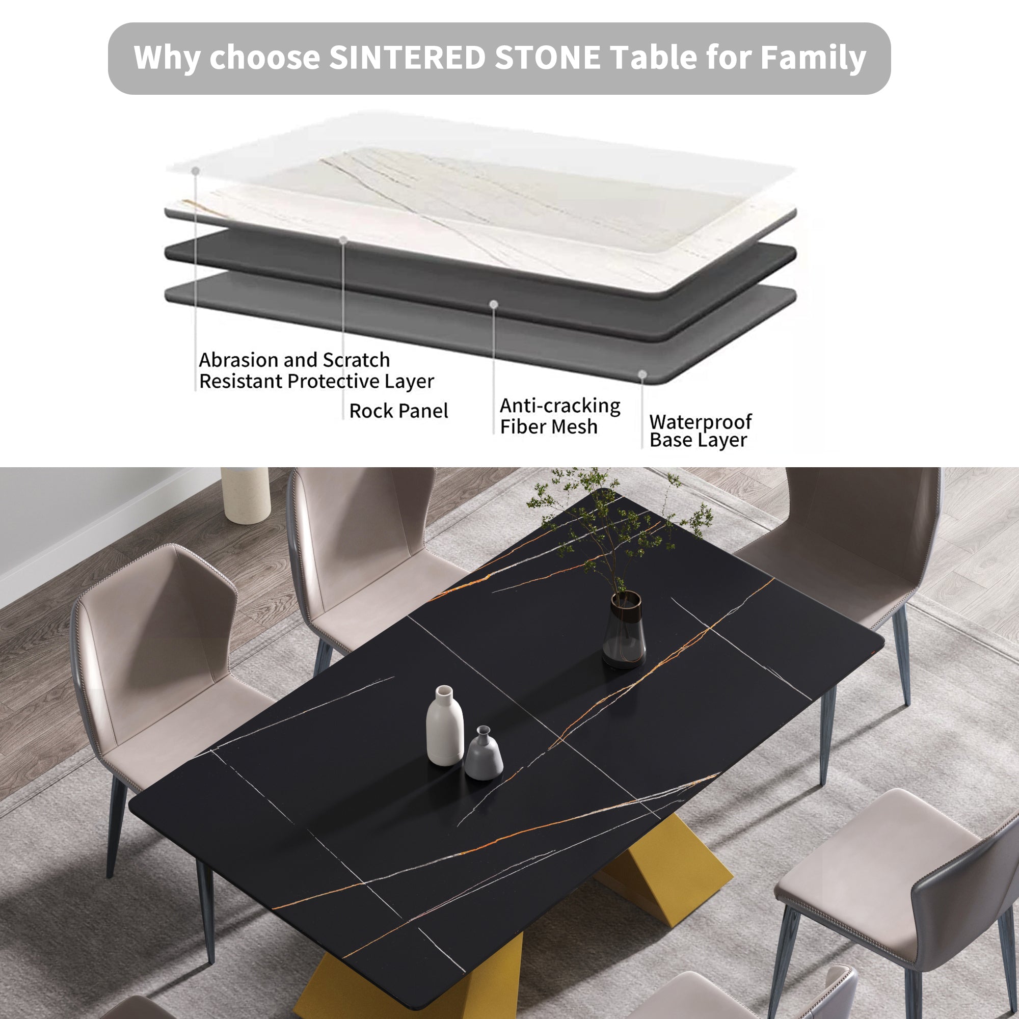 63"Modern artificial stone black straight edge golden metal leg dining table -6 people