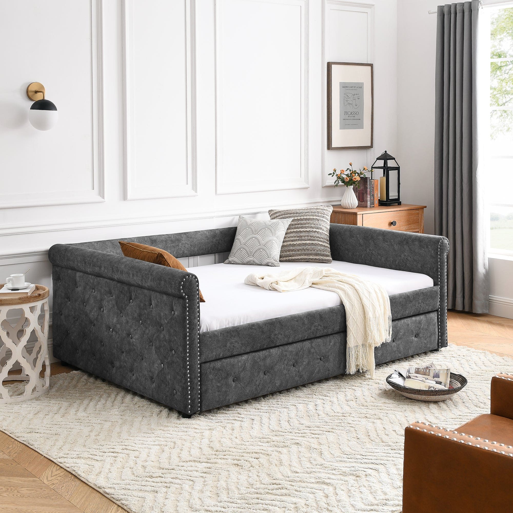 Daybed with Trundle Upholstered Tufted Sofa Bed, with Button and Copper Nail on Arms,Full Daybed & Twin Trundle, Grey(85.5"x57"x30.5")