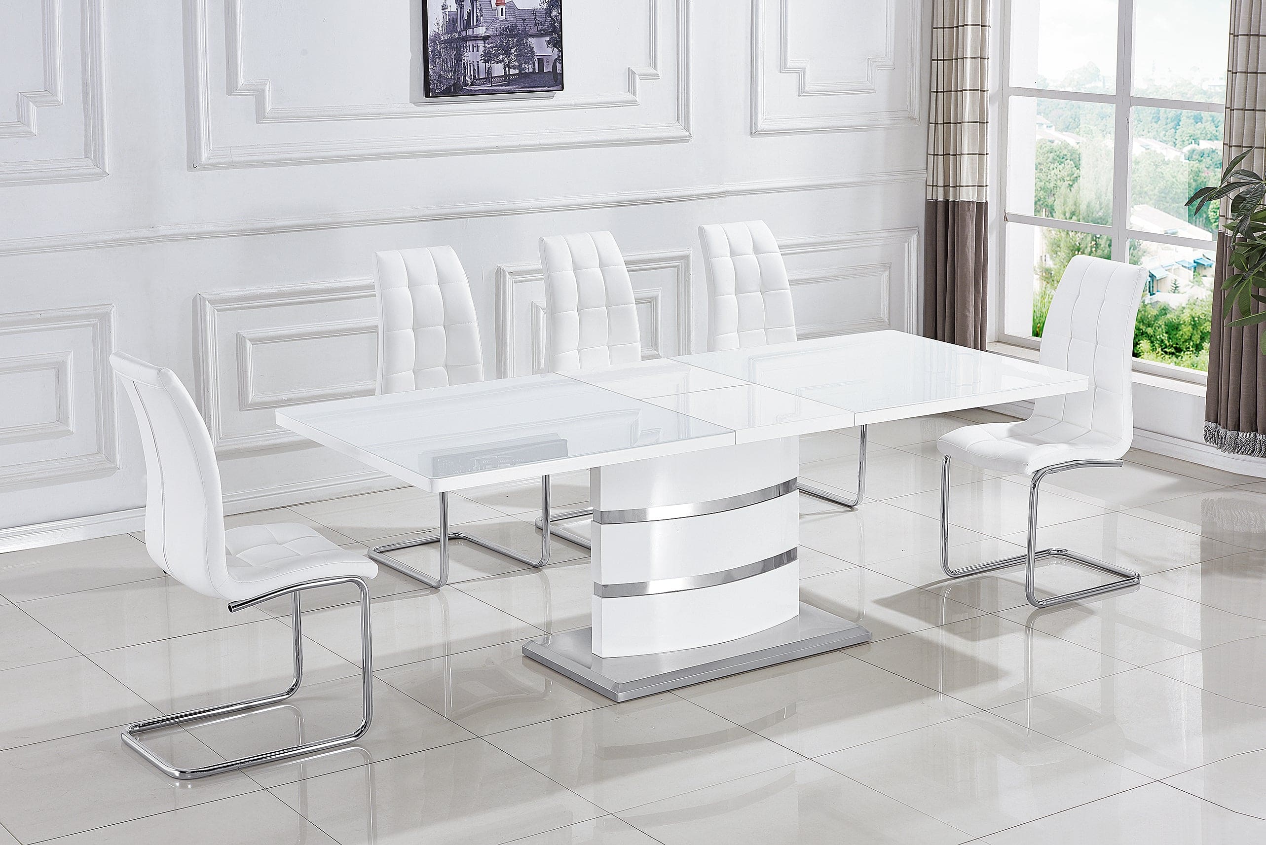 Expandable Glass Top Table with Butterfly Leaf, White Lacquer MDF Base with Stainless Steel (70.9"/86.6" x 35.4" x 29.5")