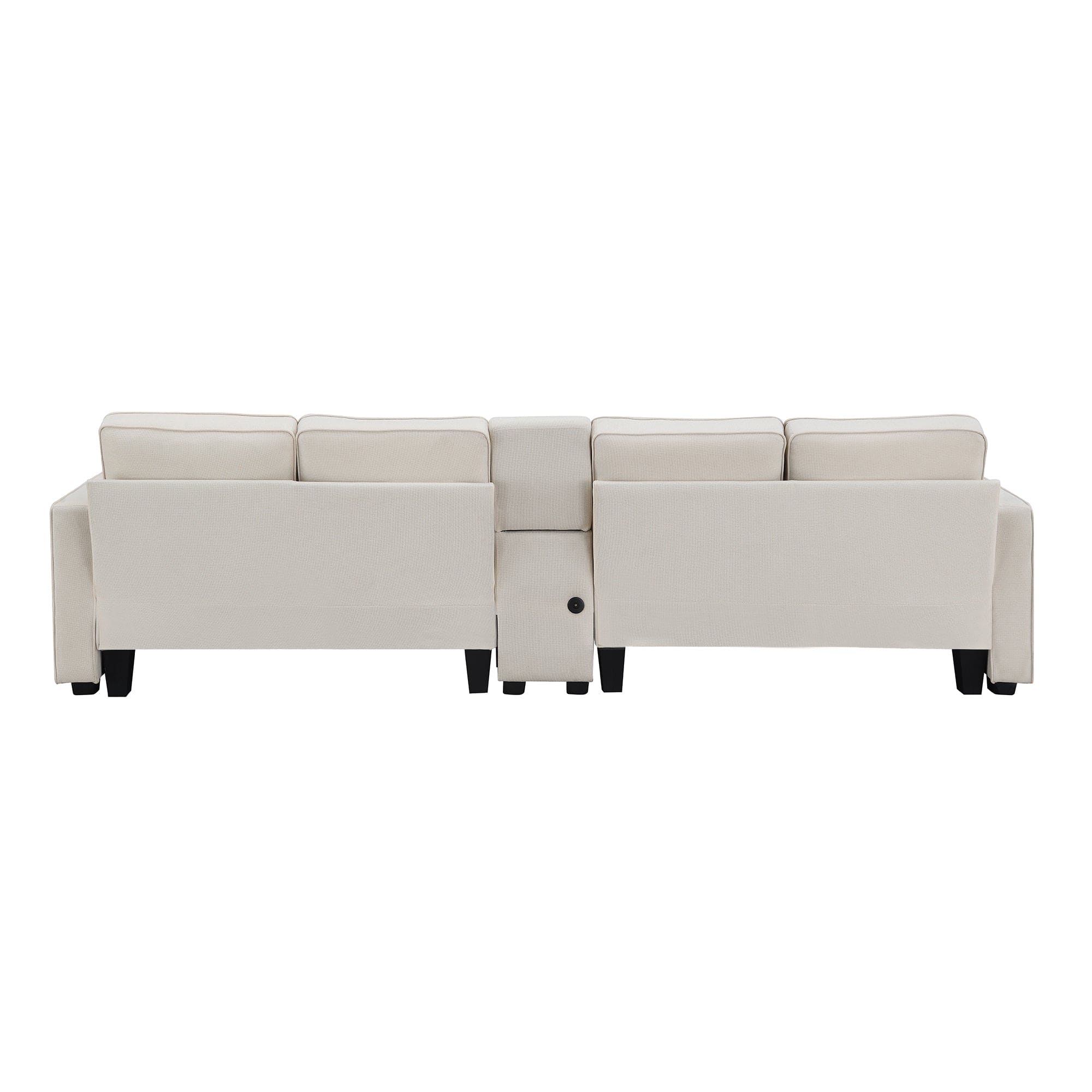 [VIDEO provided] [New] 114.2" Upholstered Sofa with Console, 2 Cupholders and 2 USB Ports Wired or Wirelessly Charged, Modern Linen Fabric Couches with 4 Pillows for Living Room, Apartment (4-Seat)