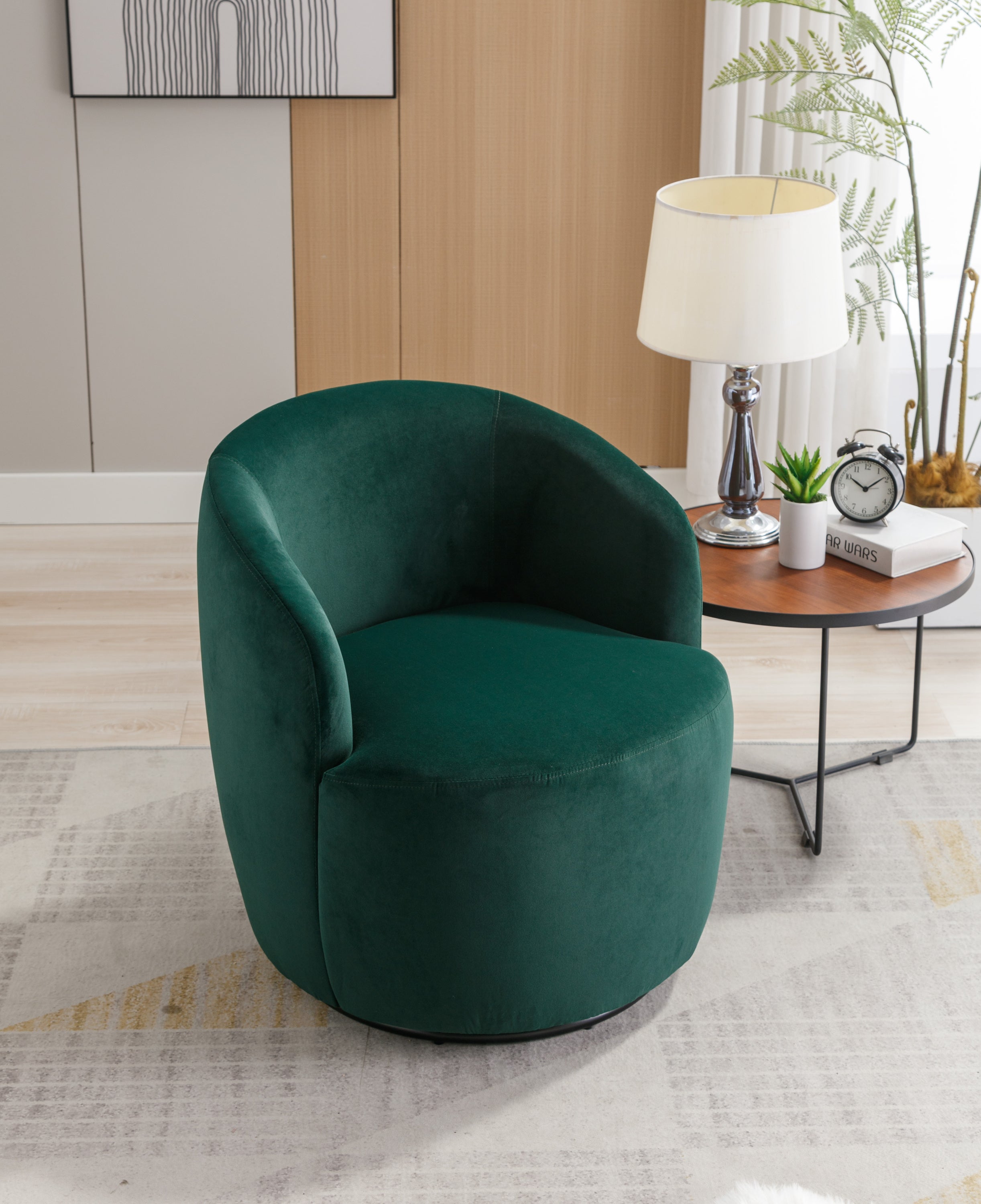 Velvet Fabric Swivel Accent Armchair Barrel Chair With Black Powder Coating Metal Ring,Green