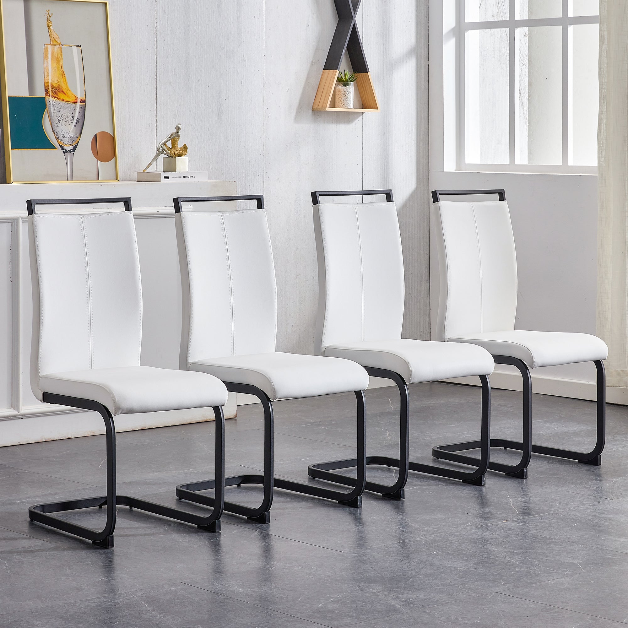 A table and four chairs. The table features a black imitation marble pattern tabletop and black gold MDF legs. The chair has a white PU backrest cushion and black metal legs. F-SQ  C-1162