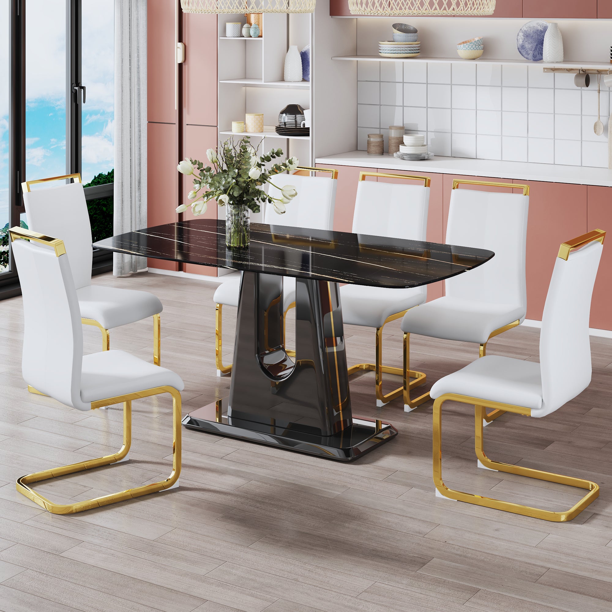 1 table and 6 chairs. Modern, simple and luxurious black imitation marble rectangular dining table and desk with 6 white PU gold plated leg chairs 63'' x 35.4'' X 30''