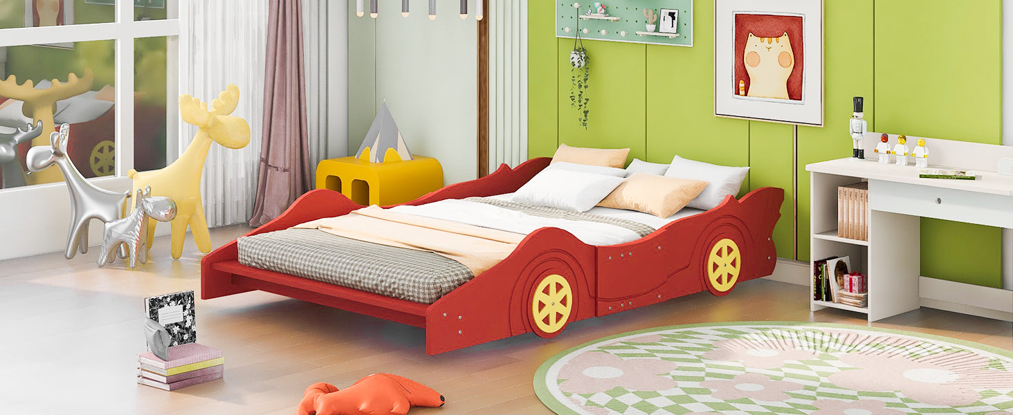 Full Size Race Car-Shaped Platform Bed with Wheels,Red