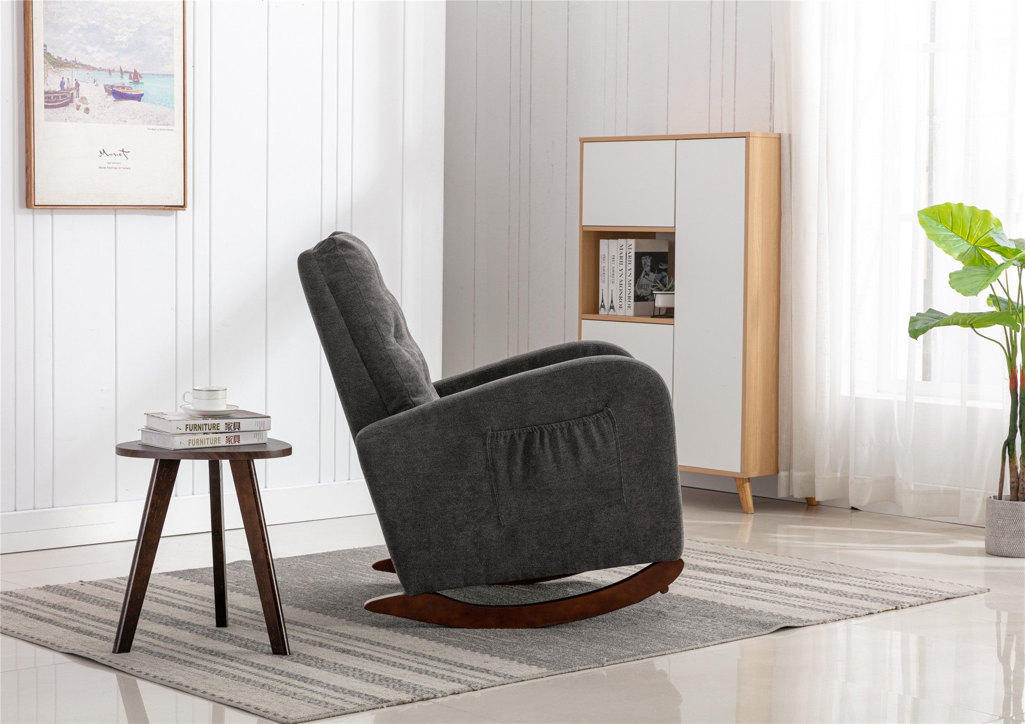 High Back Rocking Chair Nursery Chair .Comfortable Rocker Fabric Padded Seat .Modern High Back Armchair