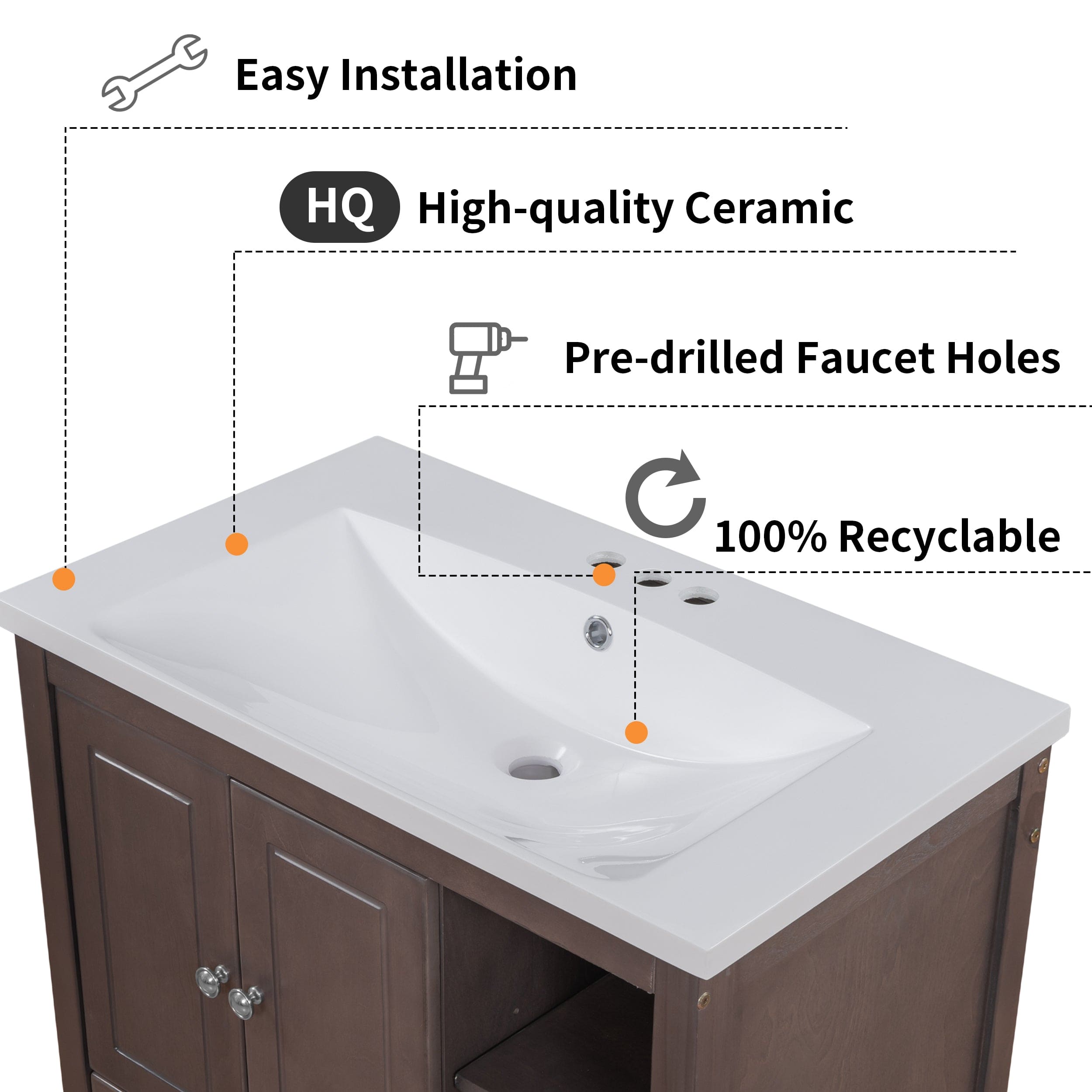 [VIDEO] 30" Bathroom Vanity with Sink, Bathroom Storage Cabinet with Doors and Drawers, Solid Wood Frame, Ceramic Sink, Brown (OLD SKU: JL000002AAD)