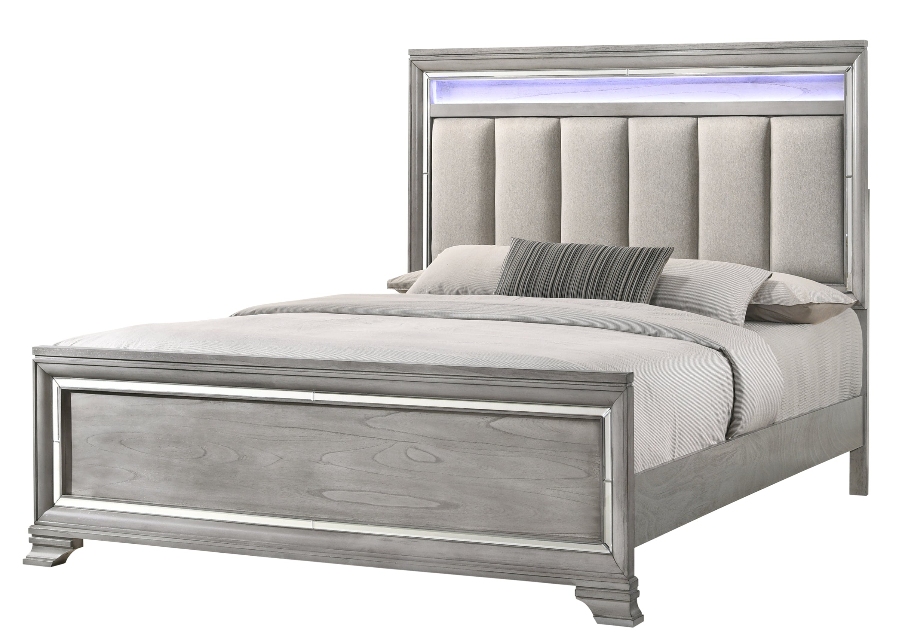 Modern Glam Style Upholstered Headboard LED Light Silver Strip Inlay Edges Light Gray Finish 1pc King Size Bed Wooden Bedroom Furniture