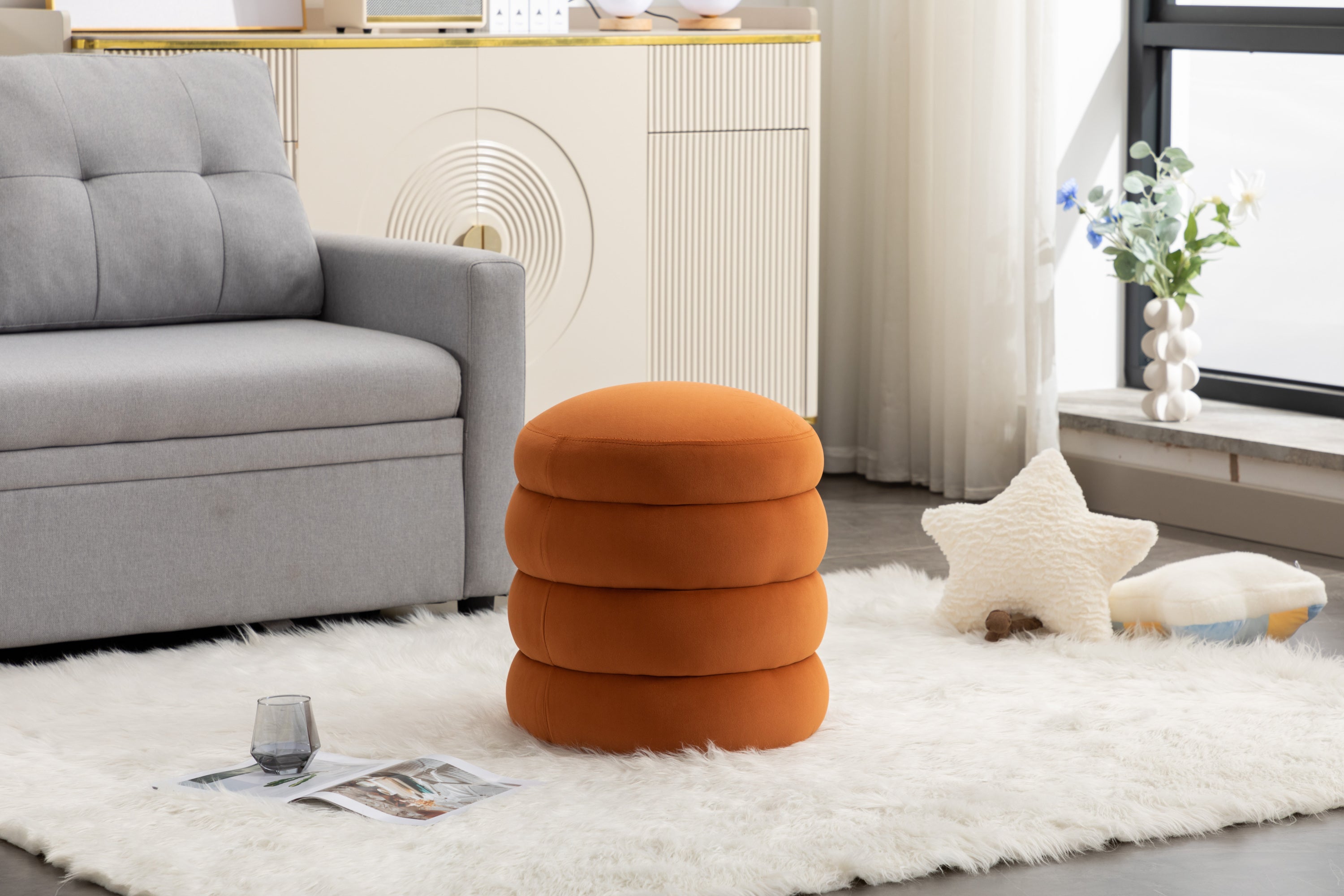 006-Soft Velvet  Round Ottoman Footrest Stool,Orange