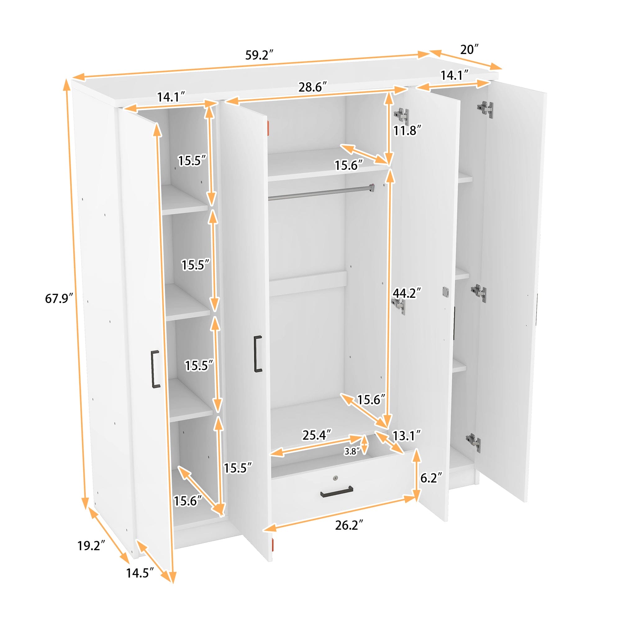 4-Door Wardrobe with 1 Drawer, White