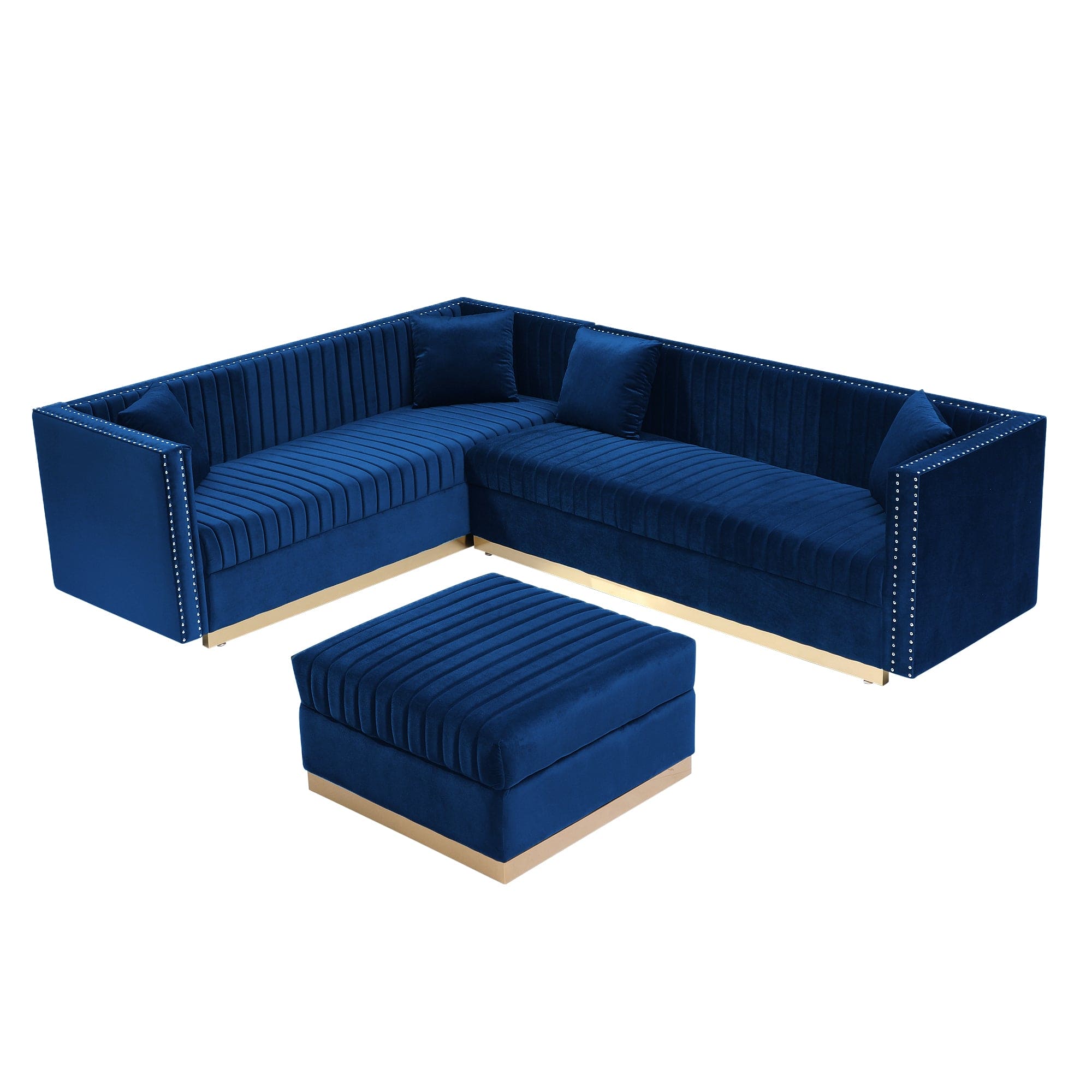 Contemporary Vertical Channel Tufted Velvet Big Size Ottoman Modern Upholstered Foot Rest for Living Room Apartment,Blue