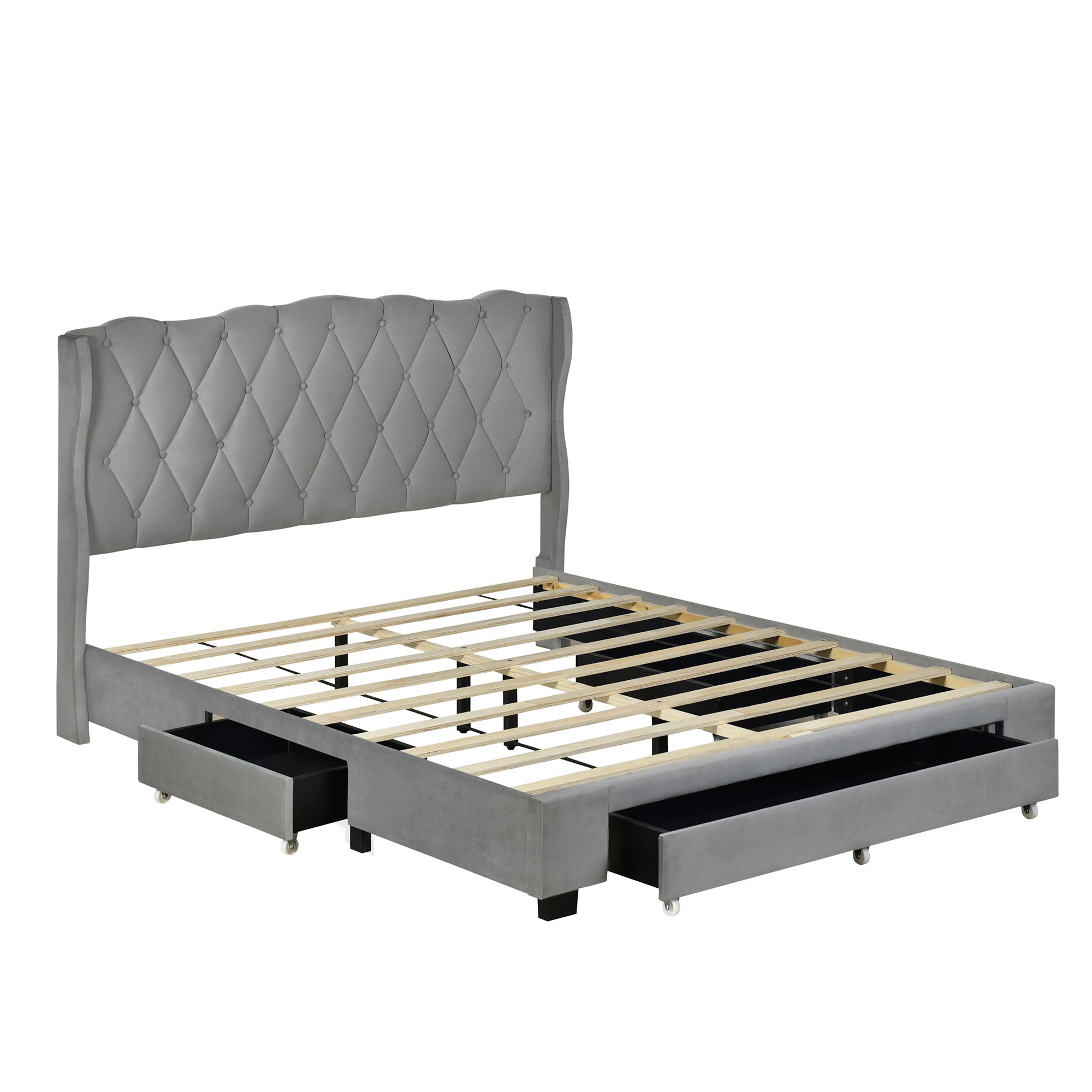 Upholstered Platform Bed with Tufted Headboard and 3 Drawers, No Box Spring Needed, Velvet Fabric, Queen Size Gray