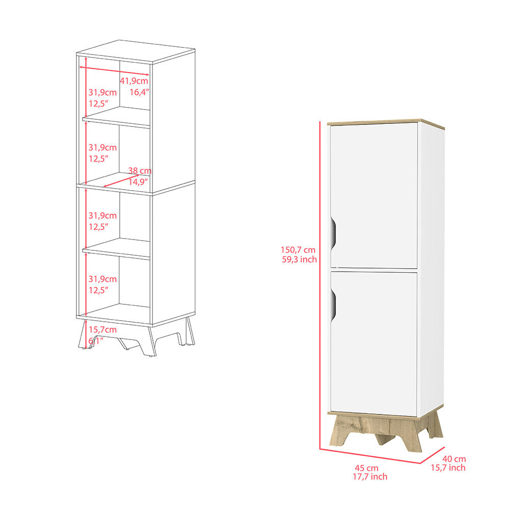 Single Kitchen Pantry Wallas, Four Shelves, Two Doors, Light Oak / White Finish