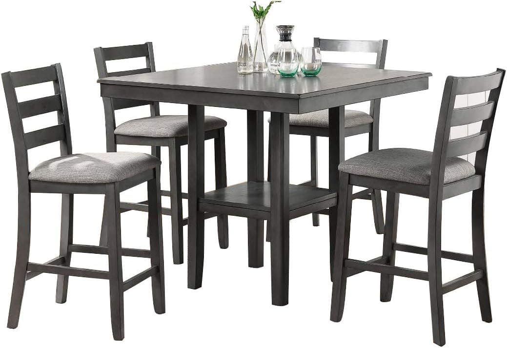 Classic Dining Room Furniture Gray Finish Counter Height 5pc Set Square Dining Table w Shelves Cushion Seat Ladder Back High Chairs Solid wood