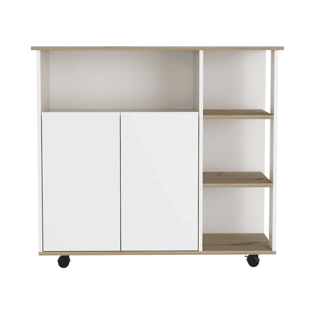 DEPOT E-SHOP St. Thomas Kitchen Cart, Four Open Shelves, Double Door Cabinet, Four Casters, Light Oak / White