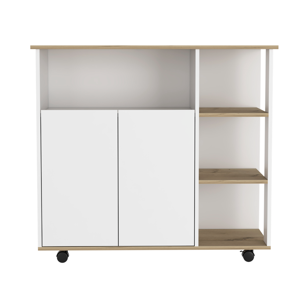 DEPOT E-SHOP St. Thomas Kitchen Cart, Four Open Shelves, Double Door Cabinet, Four Casters, Light Oak / White