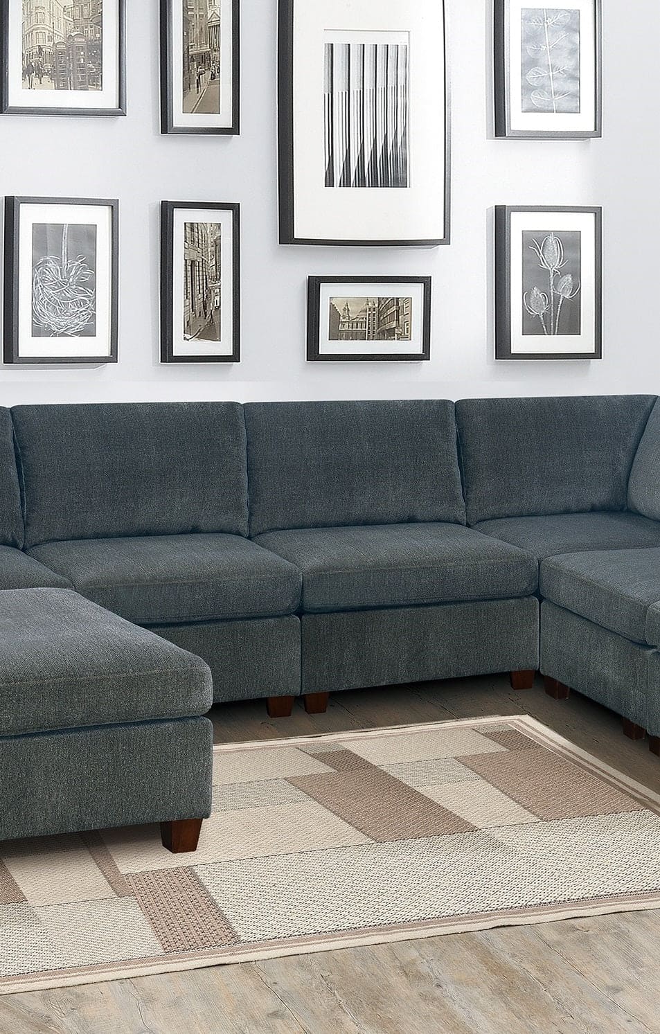 Living Room Furniture Gray Chenille Modular Sectional 7pc Set U-Sectional Modern Couch 2x Corner Wedge 3x Armless Chairs and 2x Ottoman Plywood