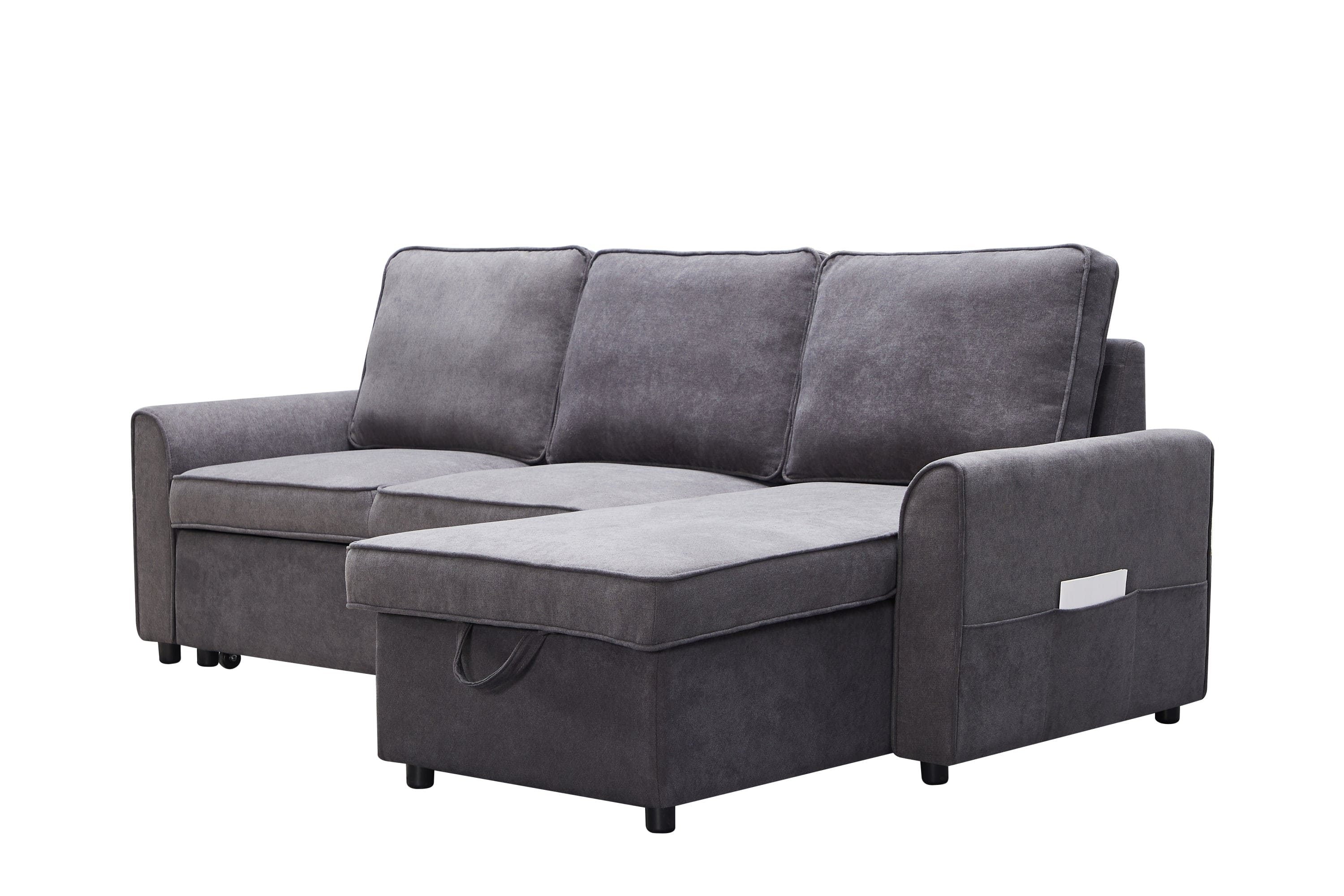 MGEA Modern modular L-shaped sofa bed with chaise longue, reversible sofa bed with pull-out bed and storage, 4-seat linen fabric convertible sofa for living room dark grey