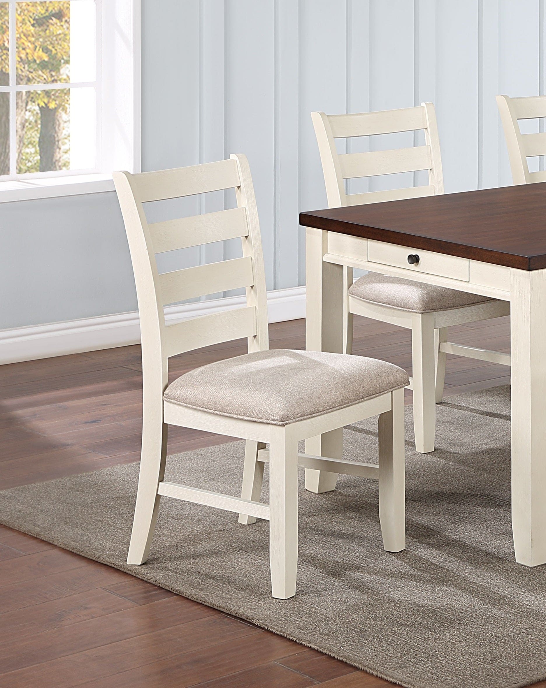 Gorgeous Classic Dining Room Furniture 7pc Dining Set Dining Table w Drawers 6x Side Chairs White Rubberwood Walnut Acacia Veneer Ladder Back Chair