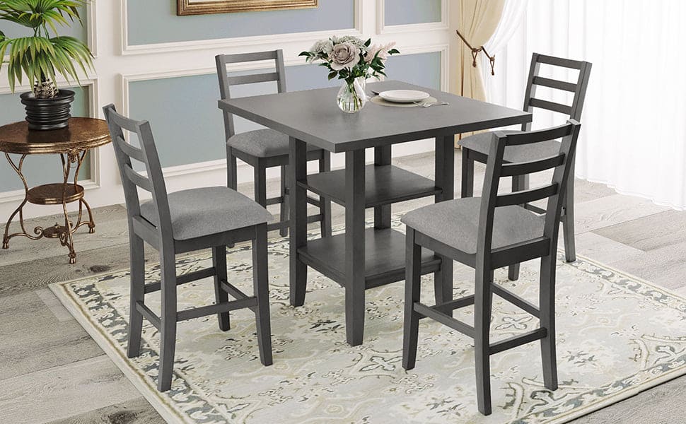 TREXM 5-Piece Wooden Counter Height Dining Set with Padded Chairs and Storage Shelving (Gray)