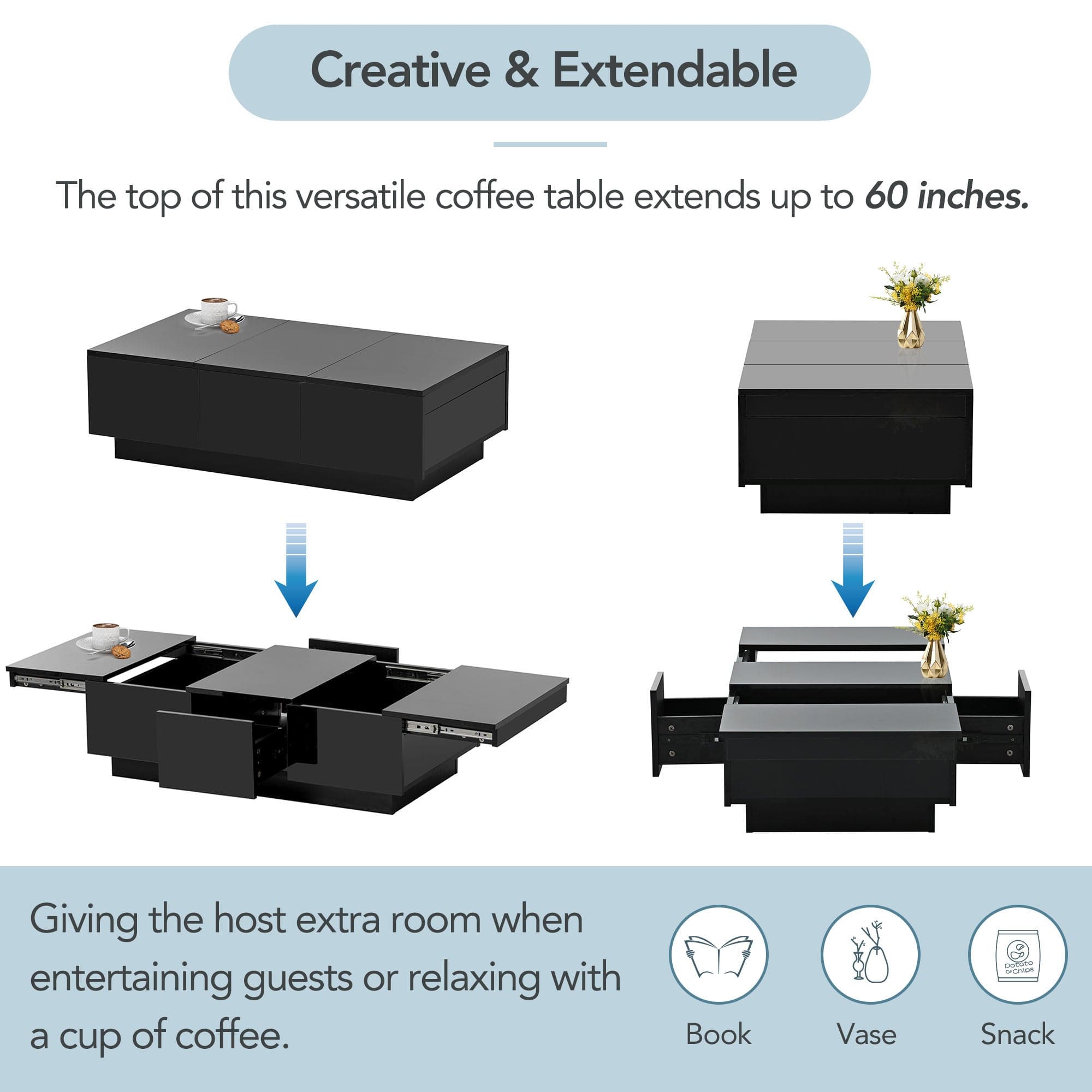 ON-TREND Multifunctional Coffee Table with 2 large Hidden Storage Compartment, Extendable Cocktail Table with 2 Drawers, High-gloss Center Table with Sliding Top for Living Room, 39.3"x21.6", Black