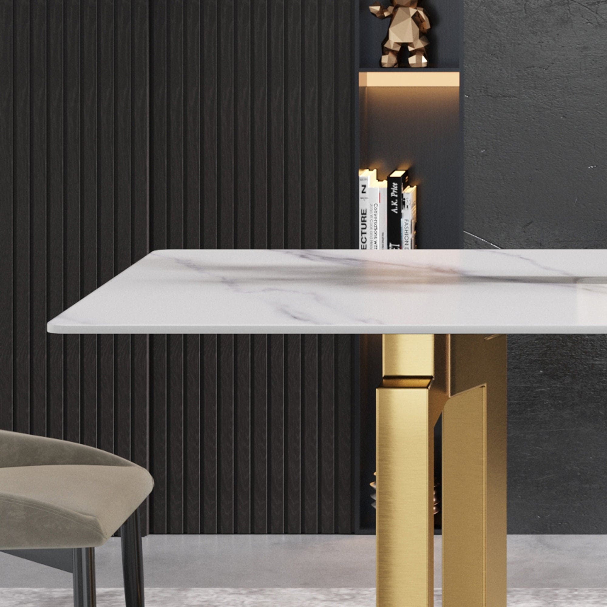 63"Modern artificial stone white straight edge golden metal leg dining table -6 people