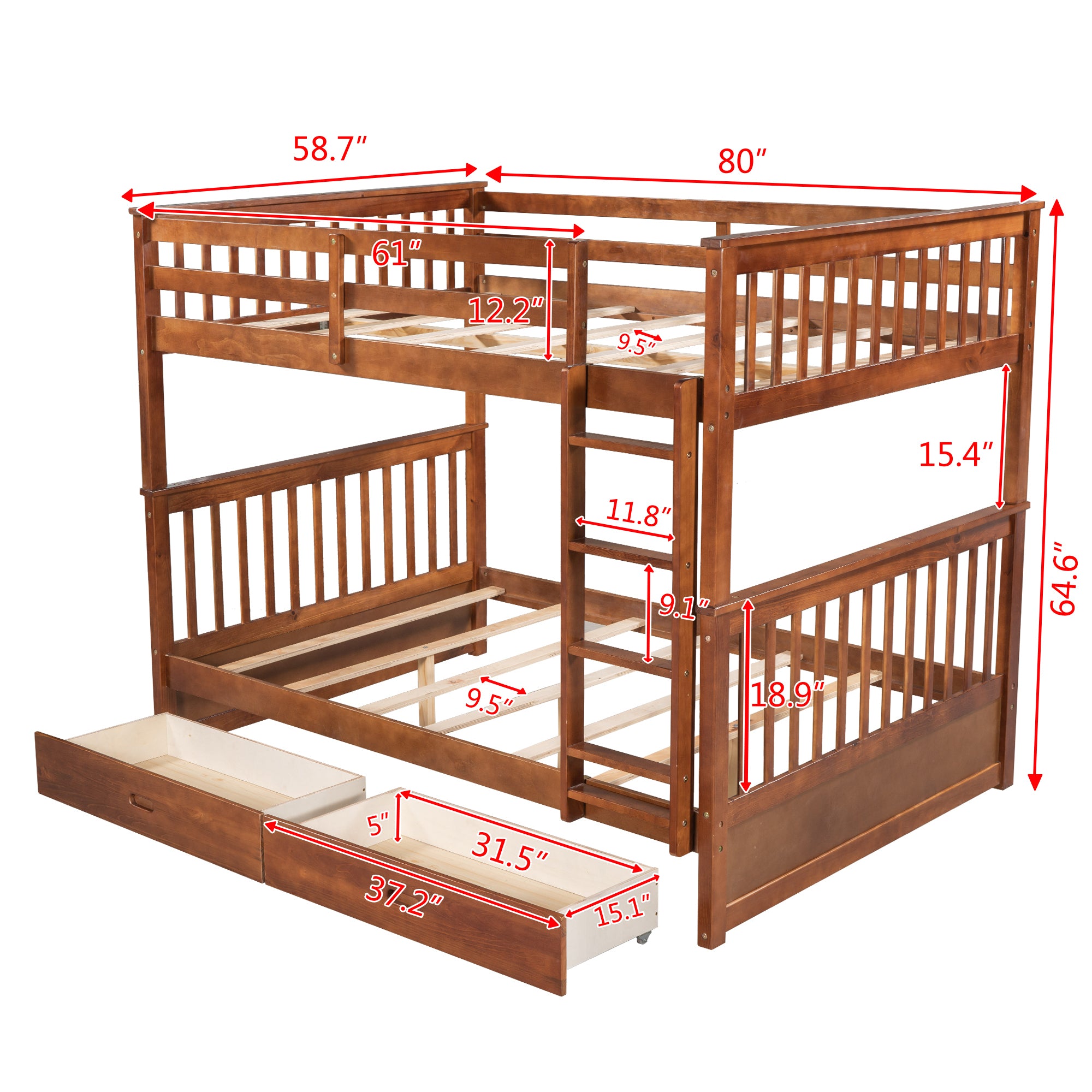 Full-Over-Full Bunk Bed with Ladders and Two Storage Drawers (Walnut)(OLD SKU:LT000365AAD)