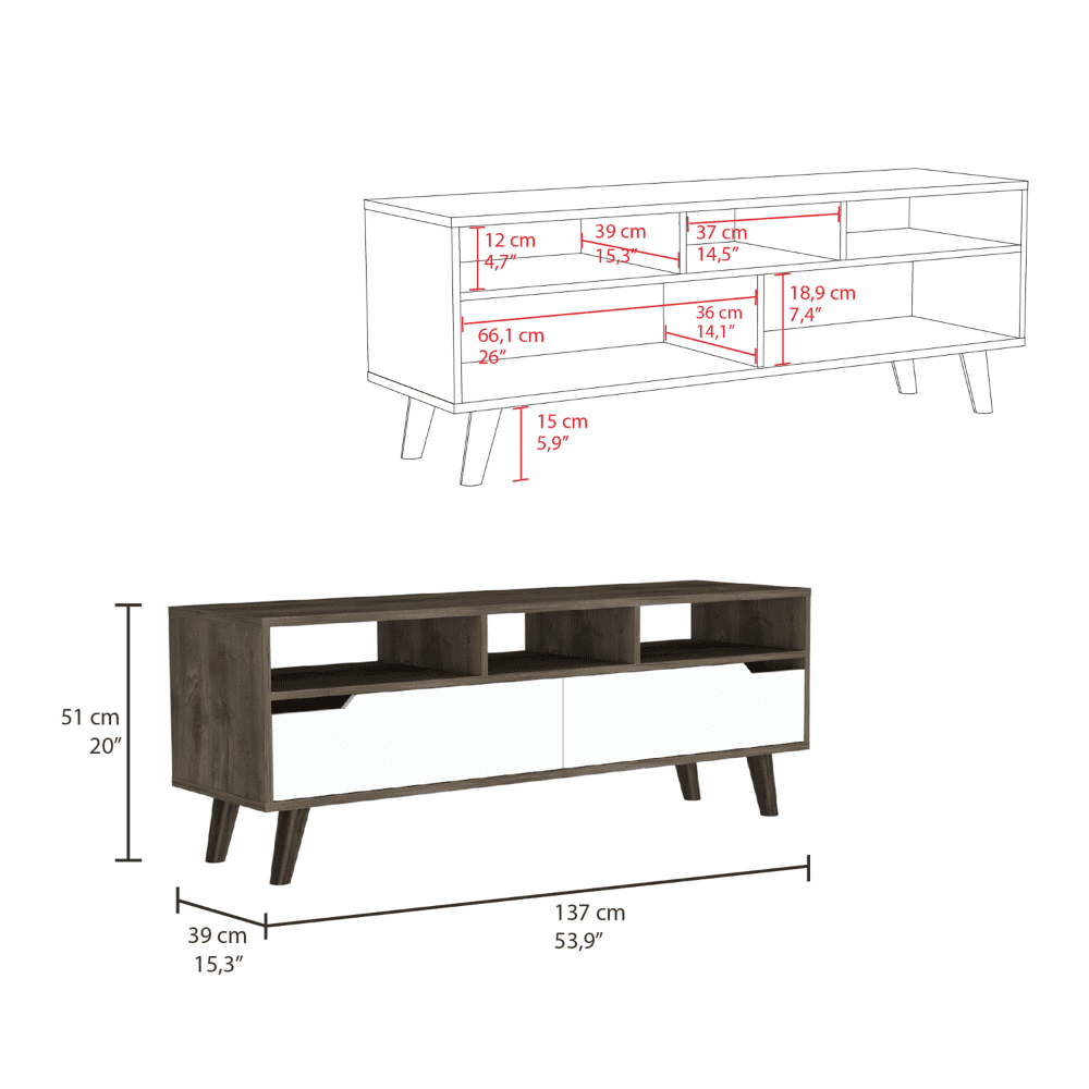 Oslo Tv Stand for TV´s up 51", Two  Drawers, Four Legs, Three Open Shelves -Dark Brown / White