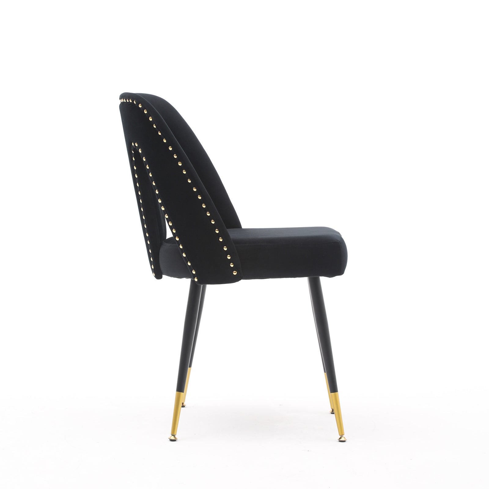 A&A Furniture,Akoya Collection Modern Contemporary Velvet Upholstered Dining Chair with Nailheads and Gold Tipped Black Metal Legs,Black,Set of 2