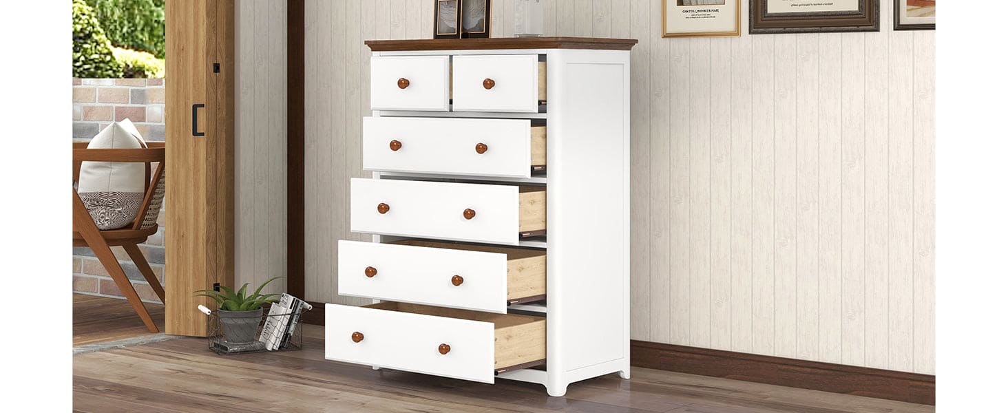 Rustic Wooden Chest with 6 Drawers,Storage Cabinet for Bedroom,White+Walnut