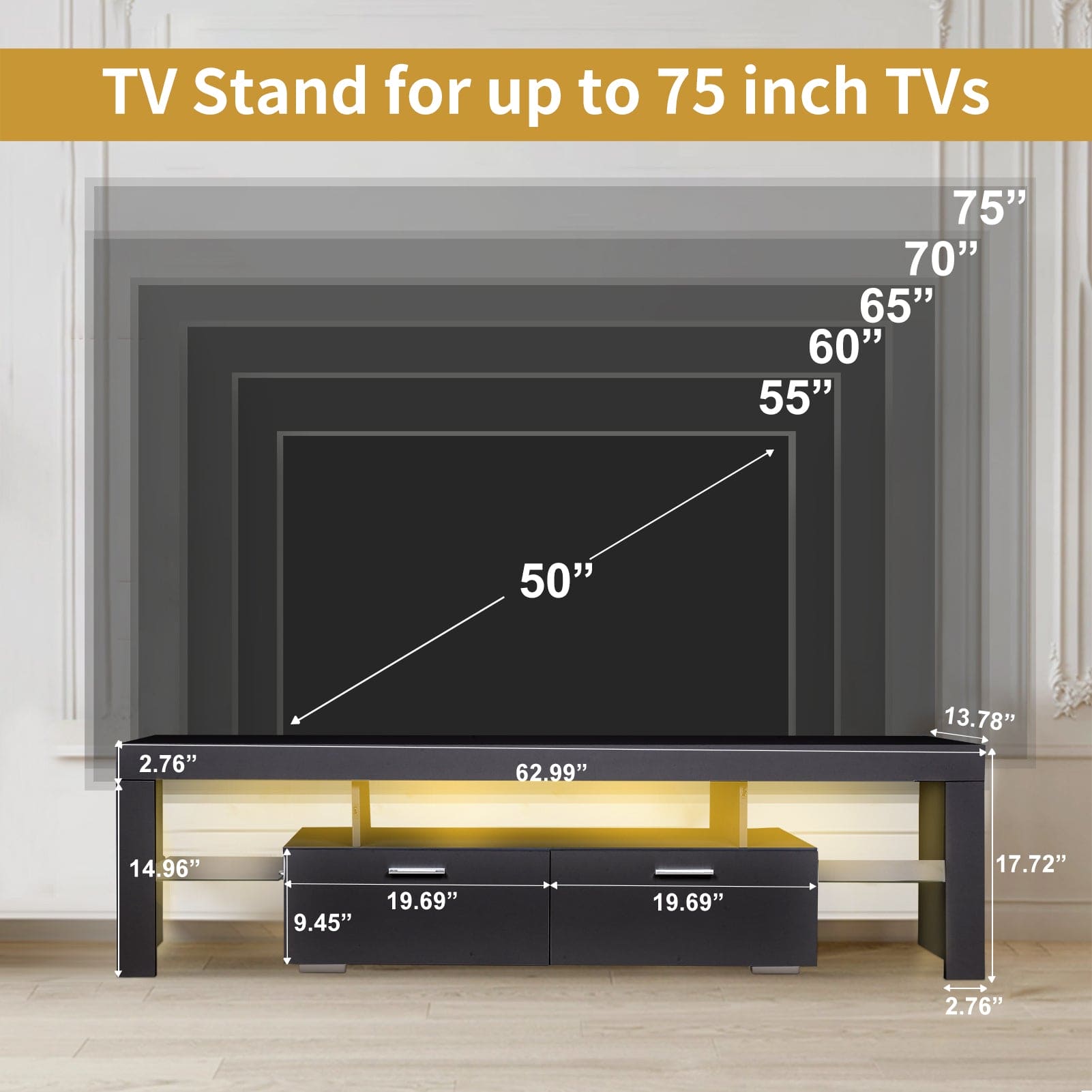 LED TV stand modern TV stand with storage Entertainment Center with drawer TV cabinet for Up to 75 inch for Gaming Living Room Bedroom