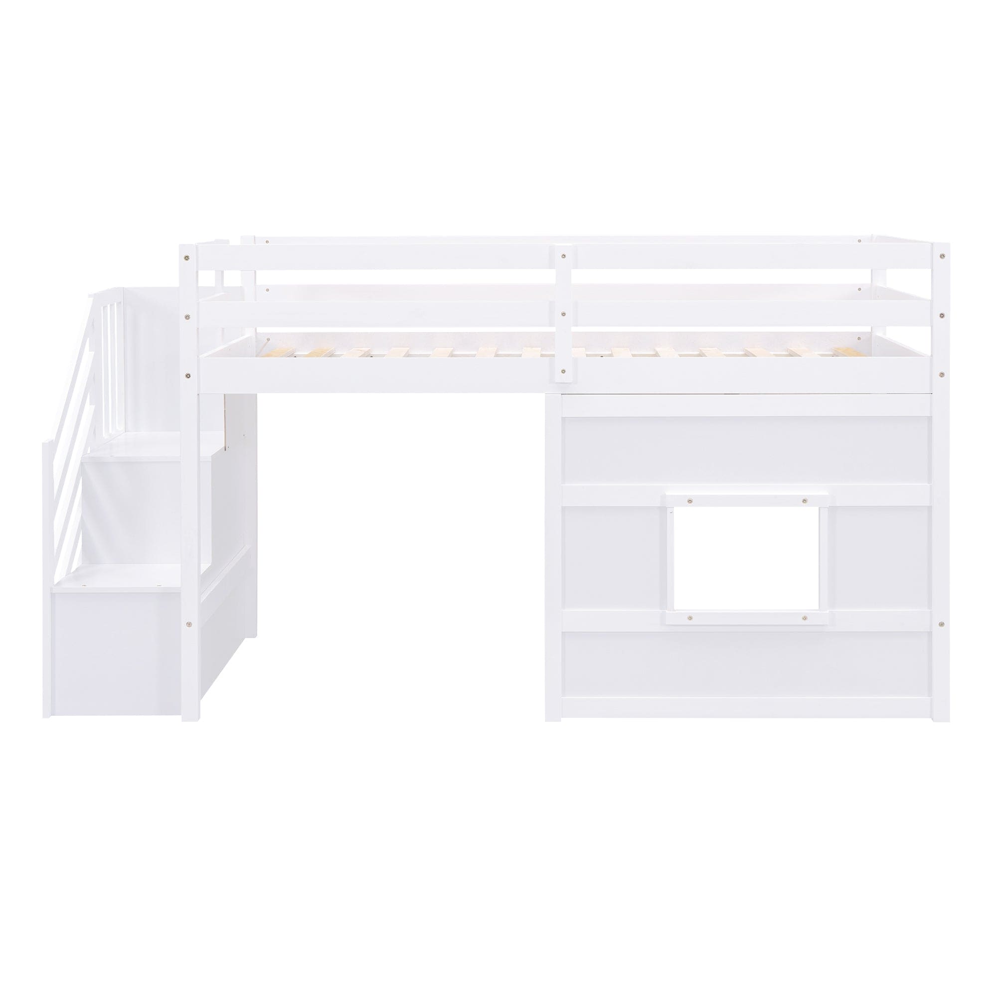 Twin Size Loft Bed with Storage Staircase and Window, White