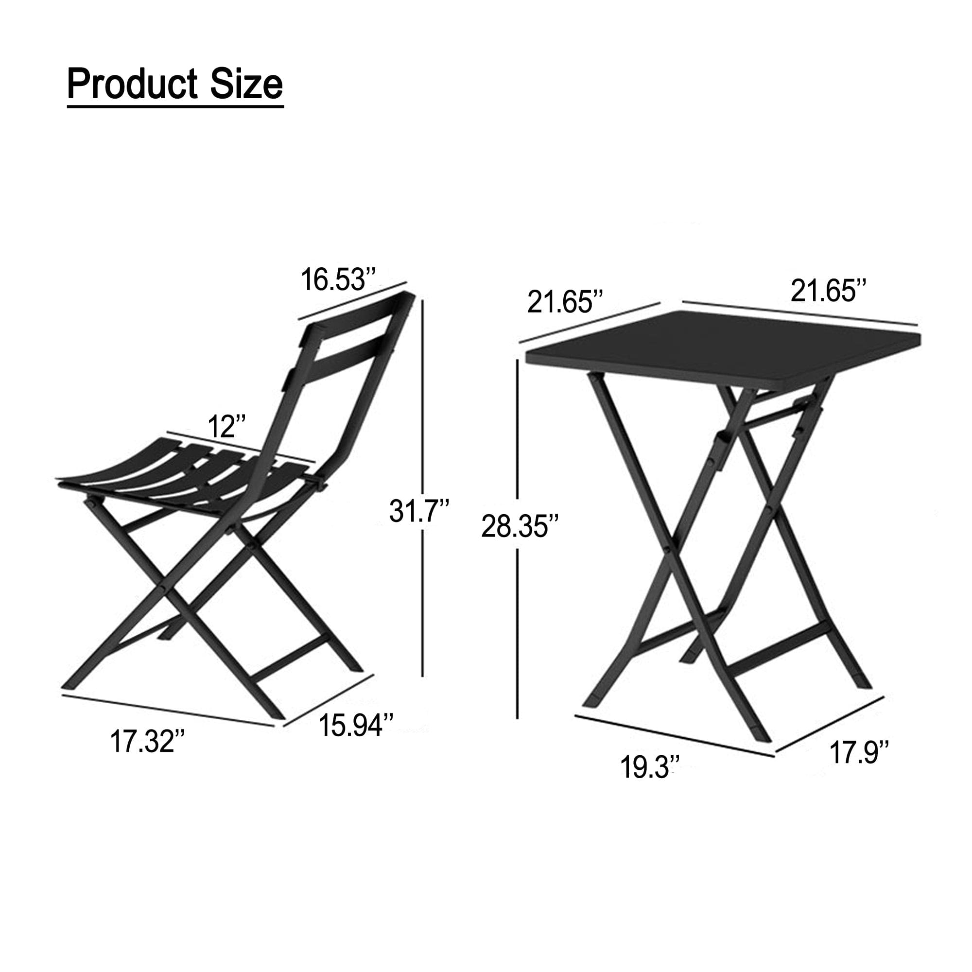 3 Piece Patio Bistro Set of Foldable SquareTable and Chairs, Dark Greem