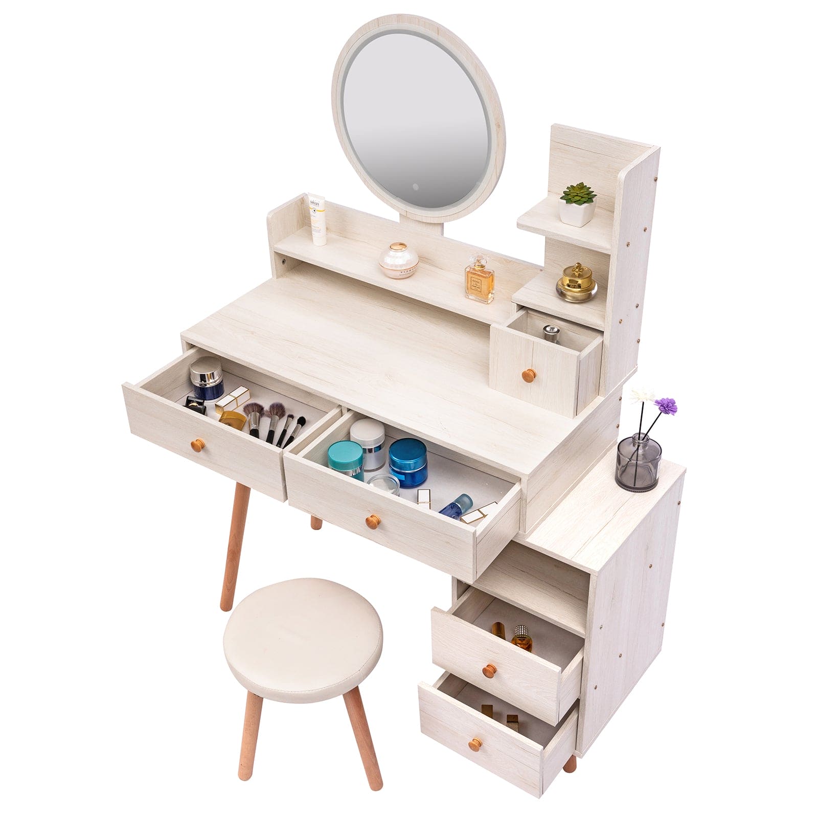 CRAZY ELF Stylish Vanity Table + Cushioned Stool, Touch Control LED Mirror, Large Capacity Storage Cabinet, 5 Drawers, Fashionable Makeup Furniture, Length Adjustable(L31.5"-43.2"x W15.8" x H48.1")