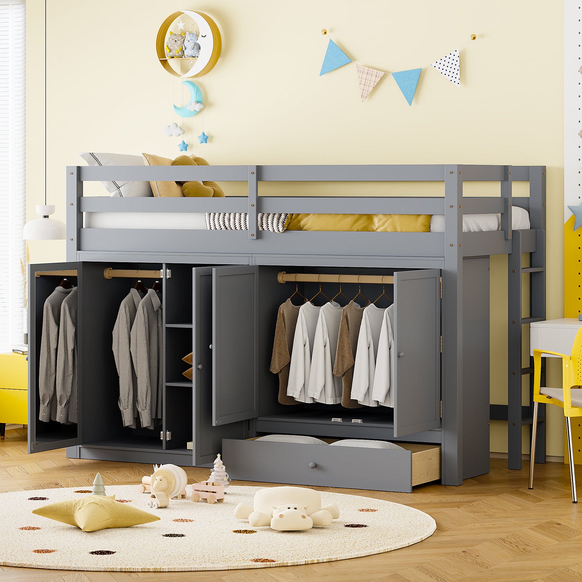 Twin size Loft Bed with Drawer, Two Wardrobes and Mirror, Gray