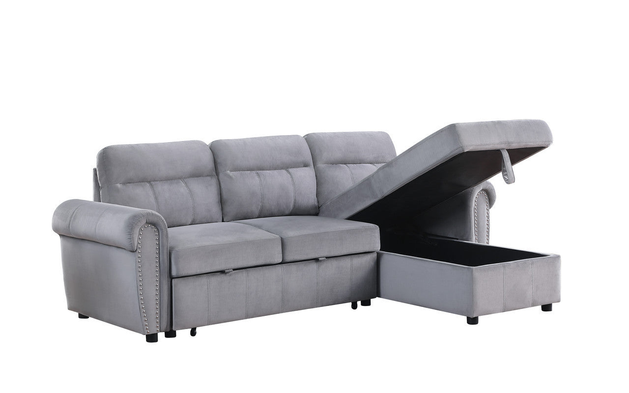 Ashton Gray Velvet Fabric Reversible Sleeper Sectional Sofa Chaise