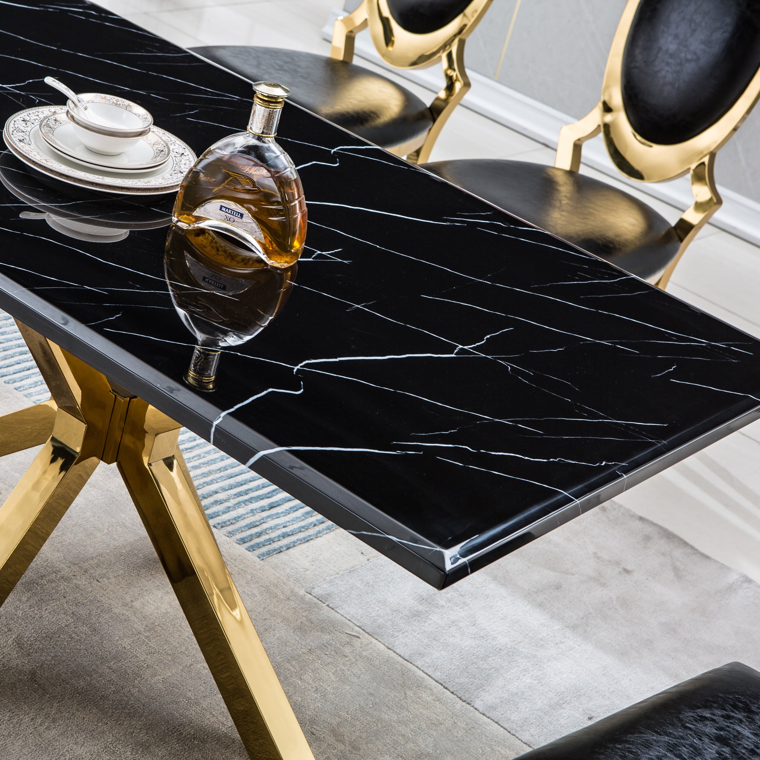 Modern Rectangular Marble Table for Dining Room/Kitchen, 1.02" Thick Marble Top, Gold Finish Stainless Steel Base, Size:63"Lx35"Dx30"H(Not Including Chairs)