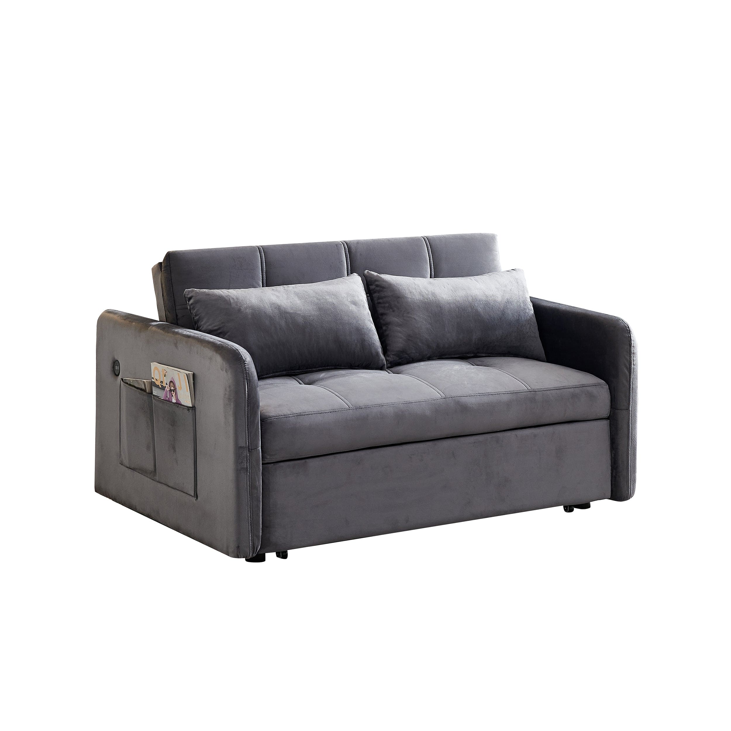 55.5" Twins Pull Out Sofa Bed  Grey Velvet