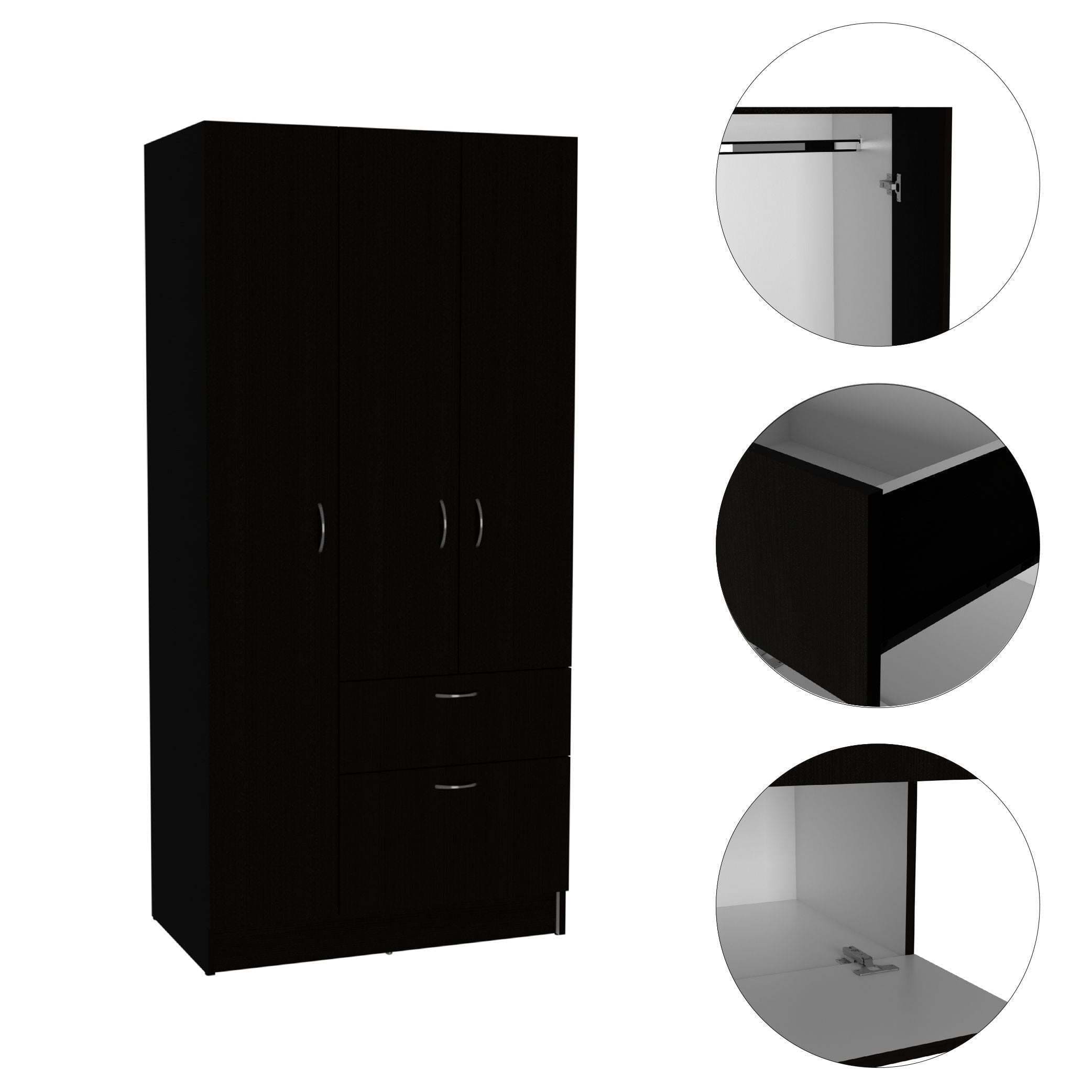 Primavera Armoire, Double Door Cabinets, One Drawer, Metal Rod, Five Shelves -Black / White