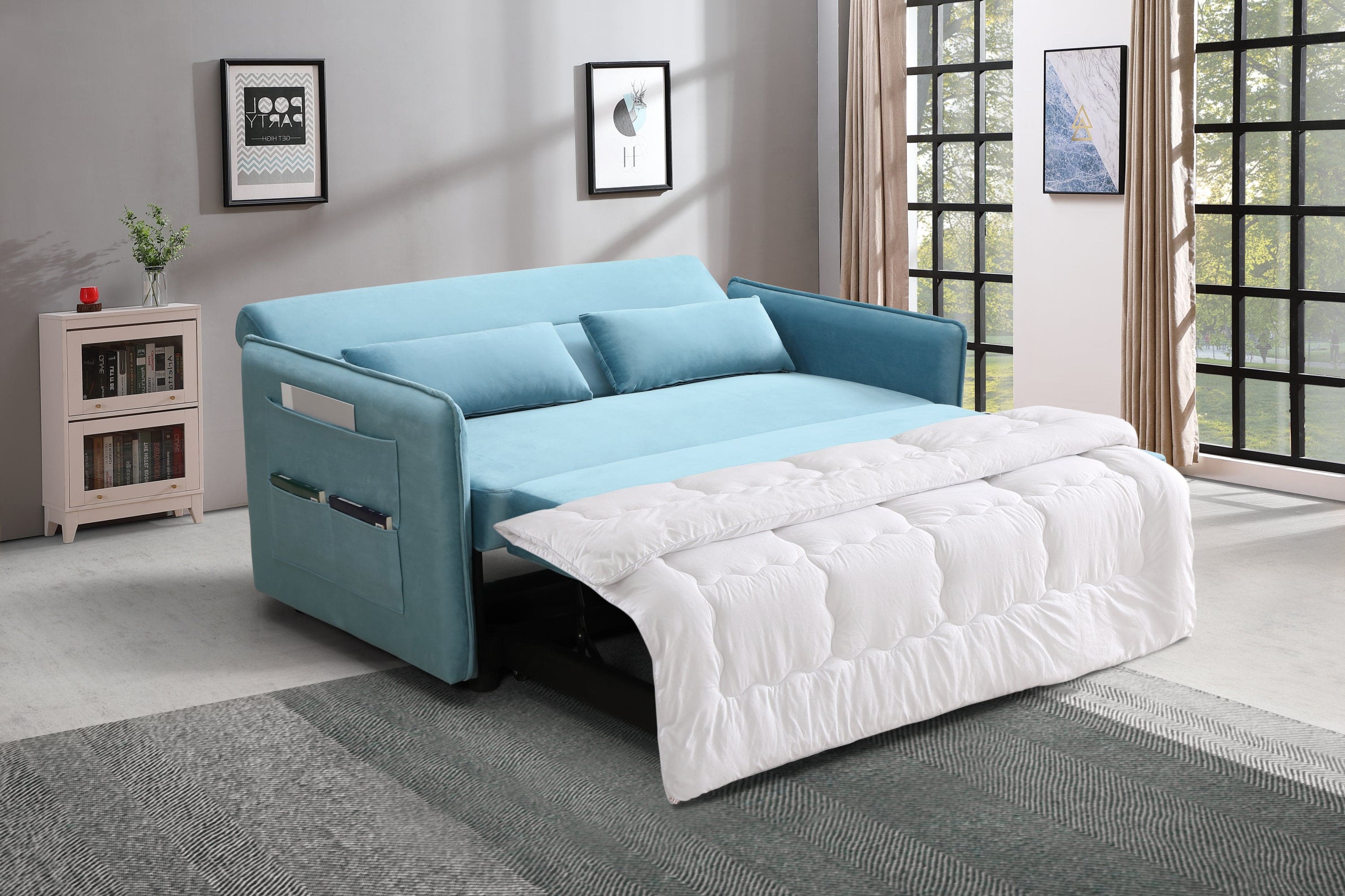 MEGA Pull Out Sofa Bed, Modern Adjustable Pull Out Bed Lounge Chair with 2 Side Pockets, 2 Pillows for Home Office