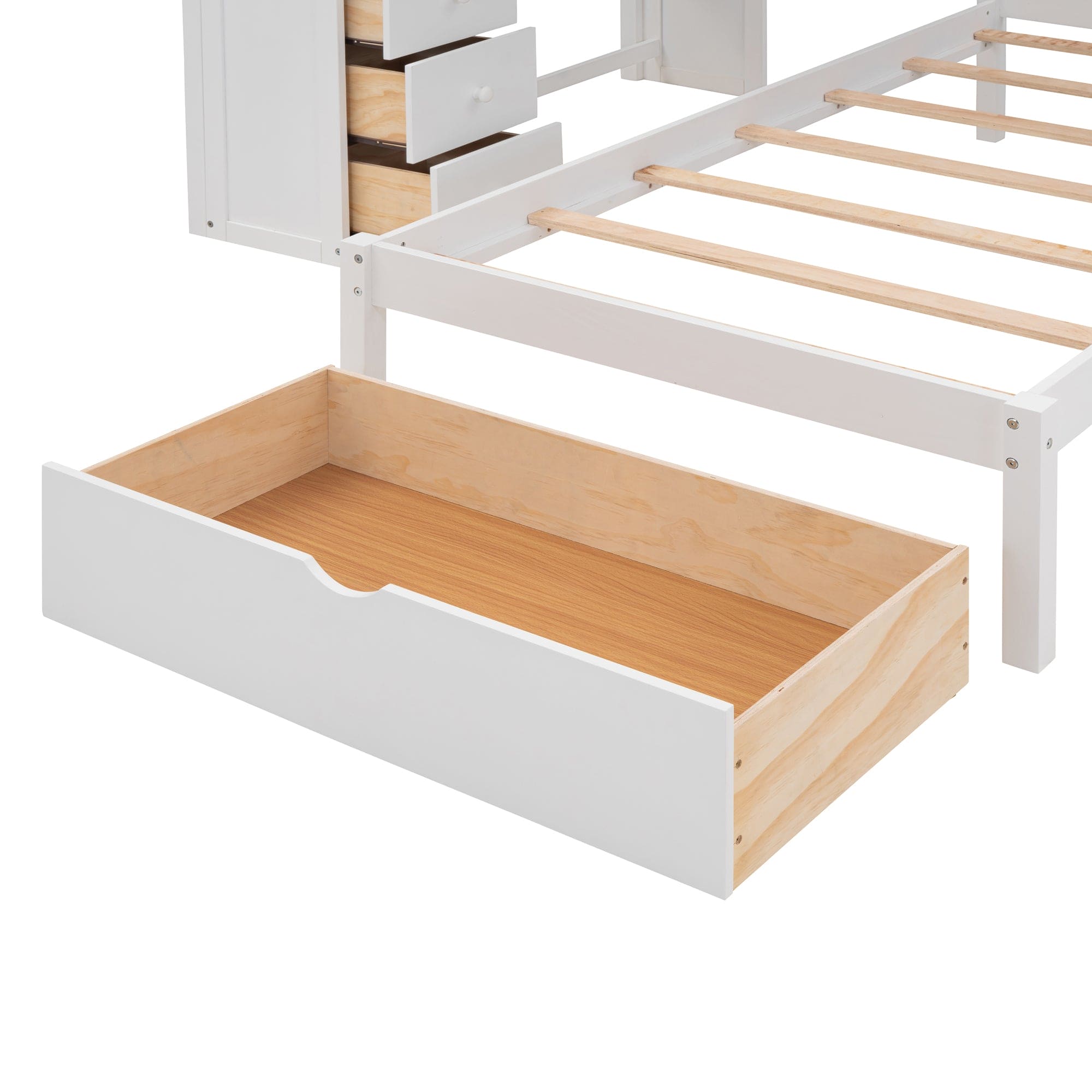 Full Over Twin Bunk Bed with Desk, Drawers and Shelves, White