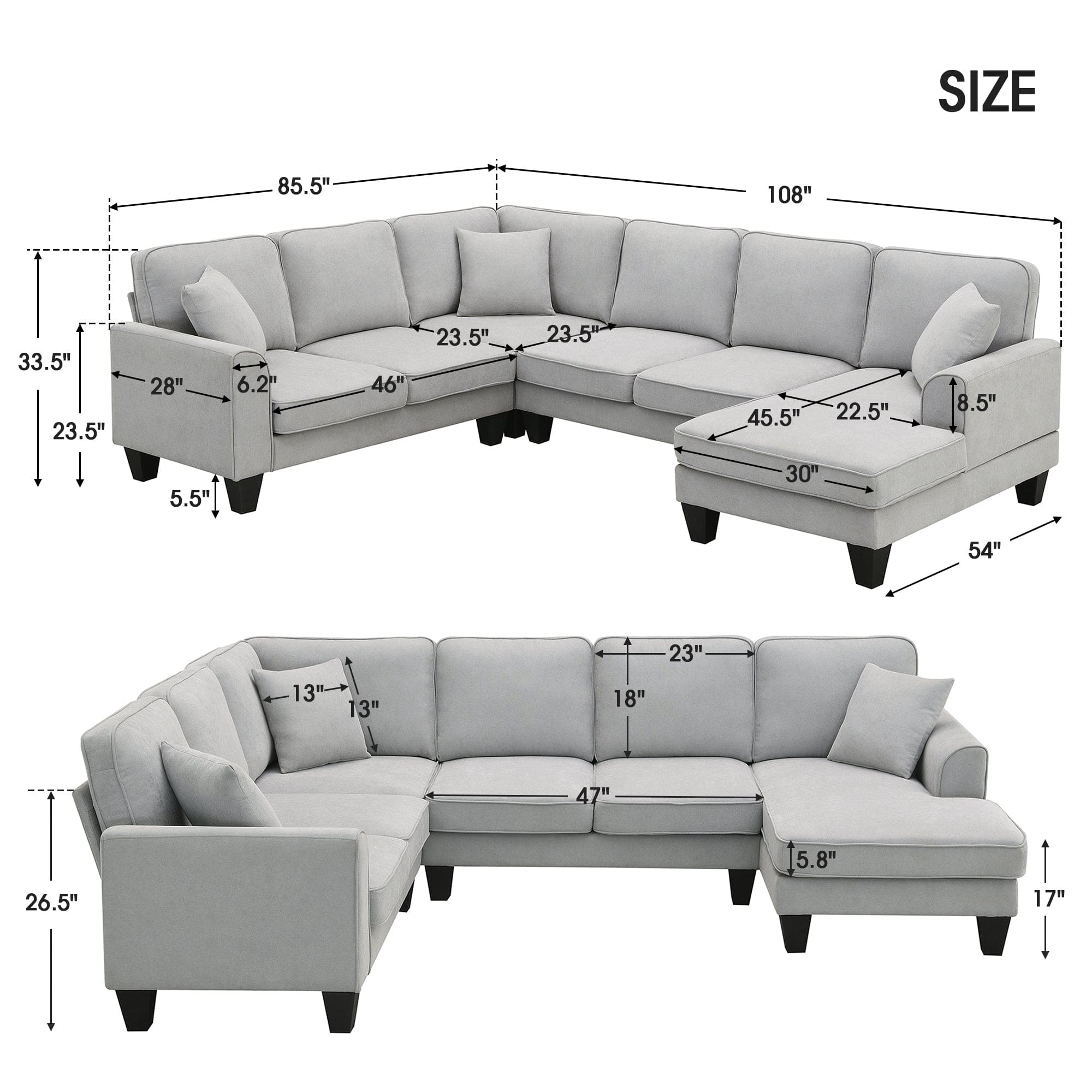 [VIDEO provided] [New] 108*85.5" Modern U Shape Sectional Sofa, 7 Seat Fabric Sectional Sofa Set with 3 Pillows Included for Living Room, Apartment, Office,3 Colors