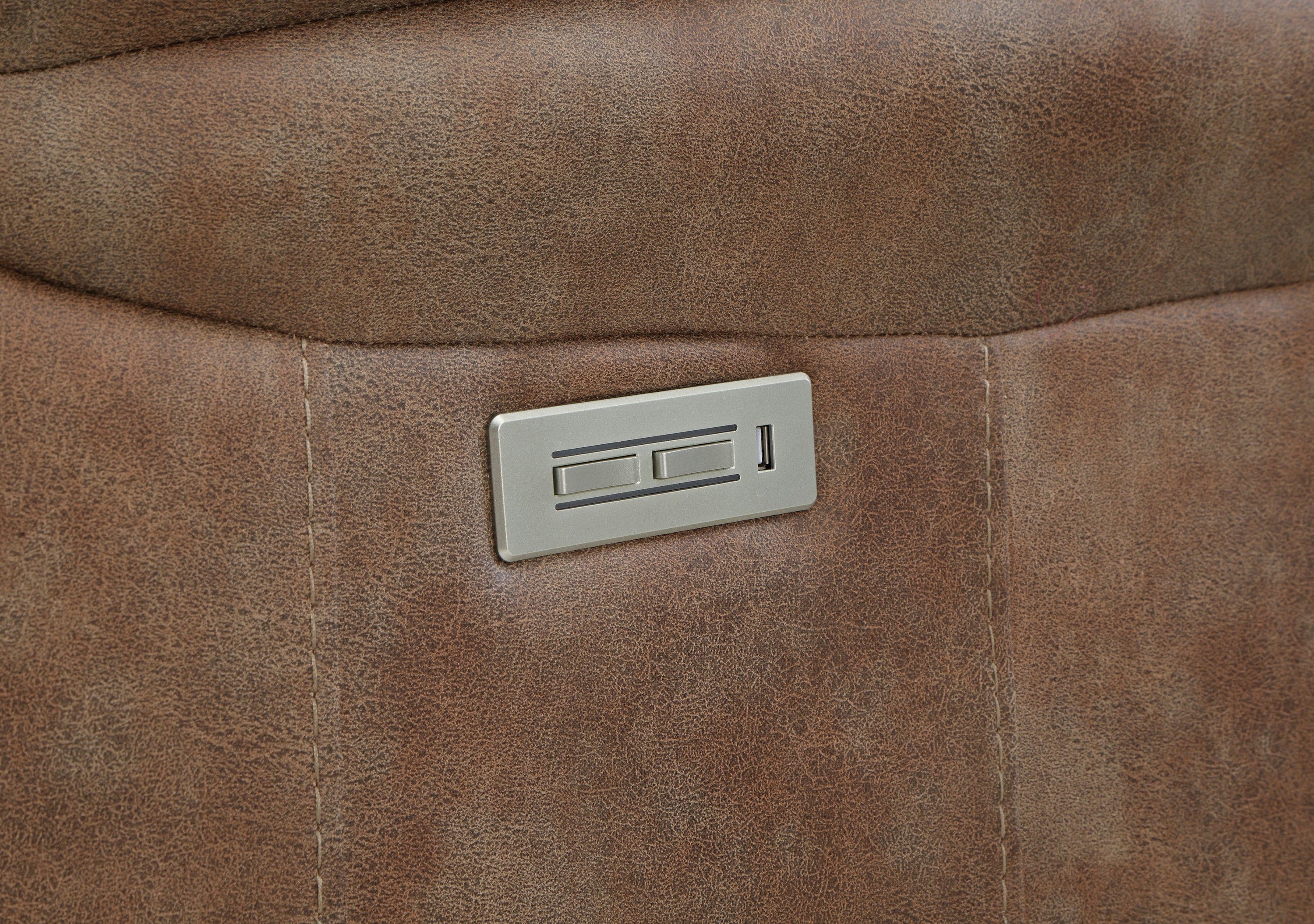 Transitional Console Loveseat - Warm Camel Faux-Suede, Power Footrest, Power Headrest - Concealed Cupholders, Built-In Console