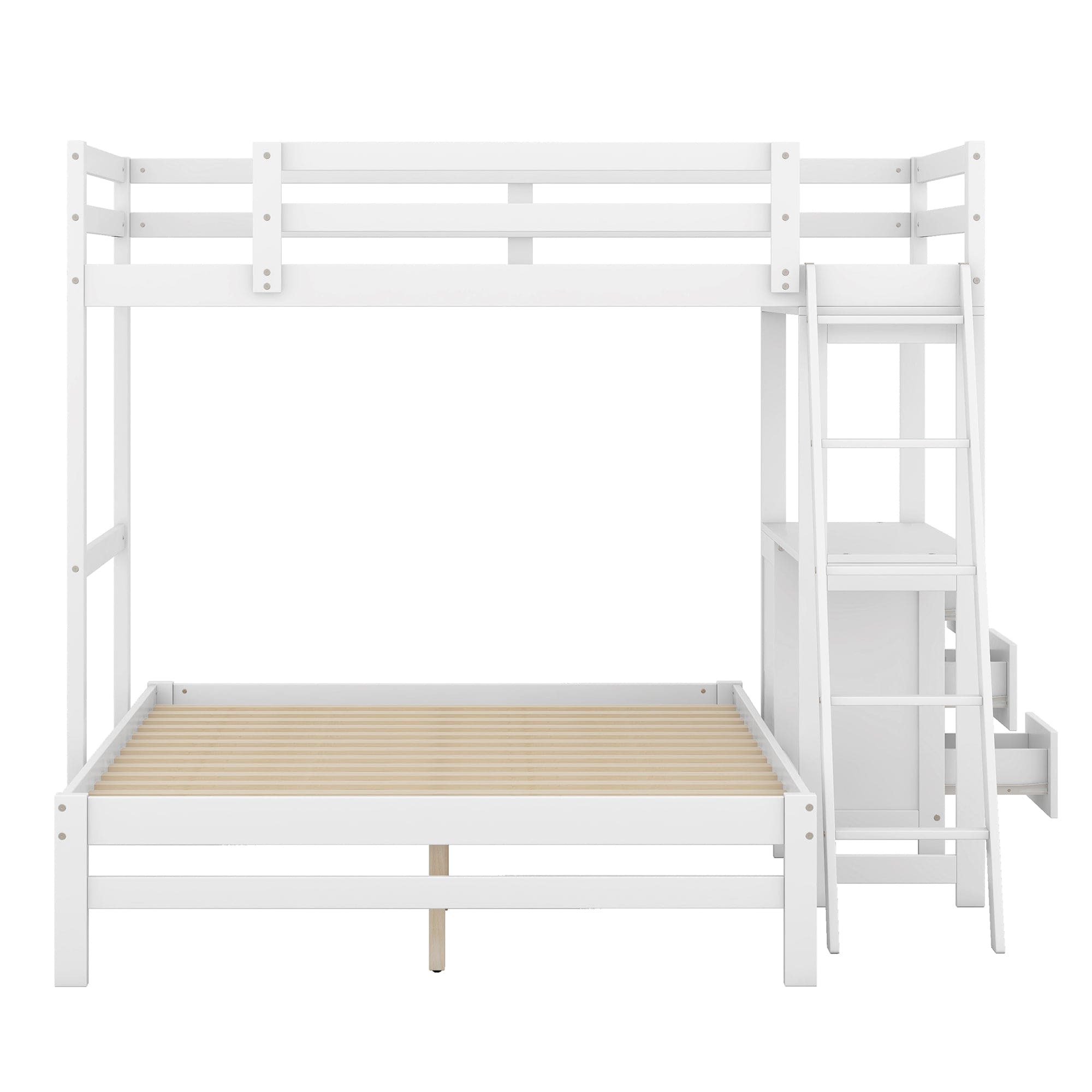 Twin over Full Bunk Bed with Built-in Desk and Three Drawers,White