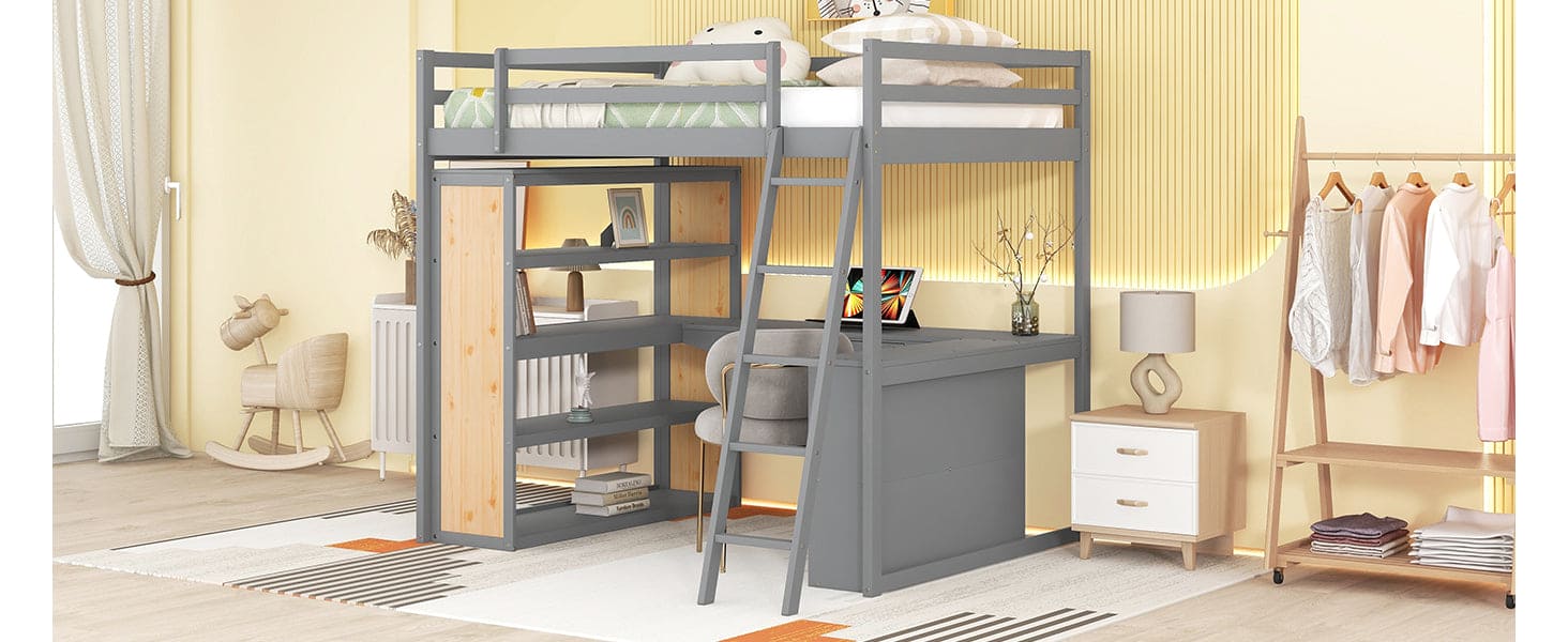 Full Size Loft Bed with Ladder, Shelves, and Desk, Gray(OLD SKU:LT100226AAE)