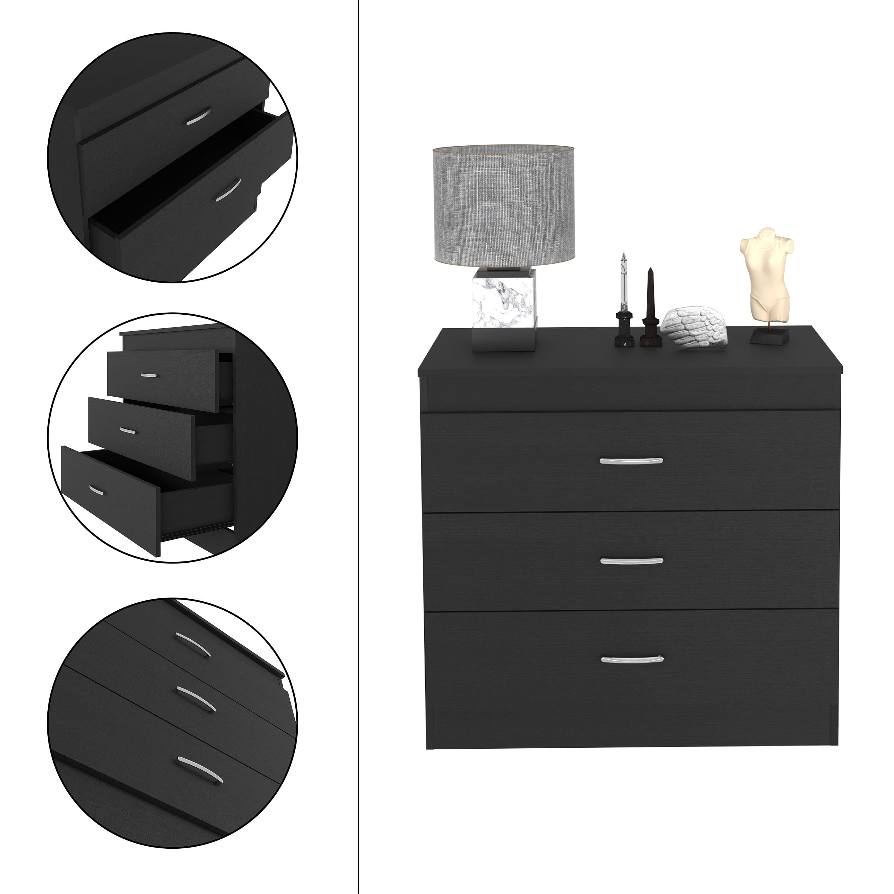 Three Drawer Dresser Lial, Superior Top, Metal Hardware, Black Wengue Finish