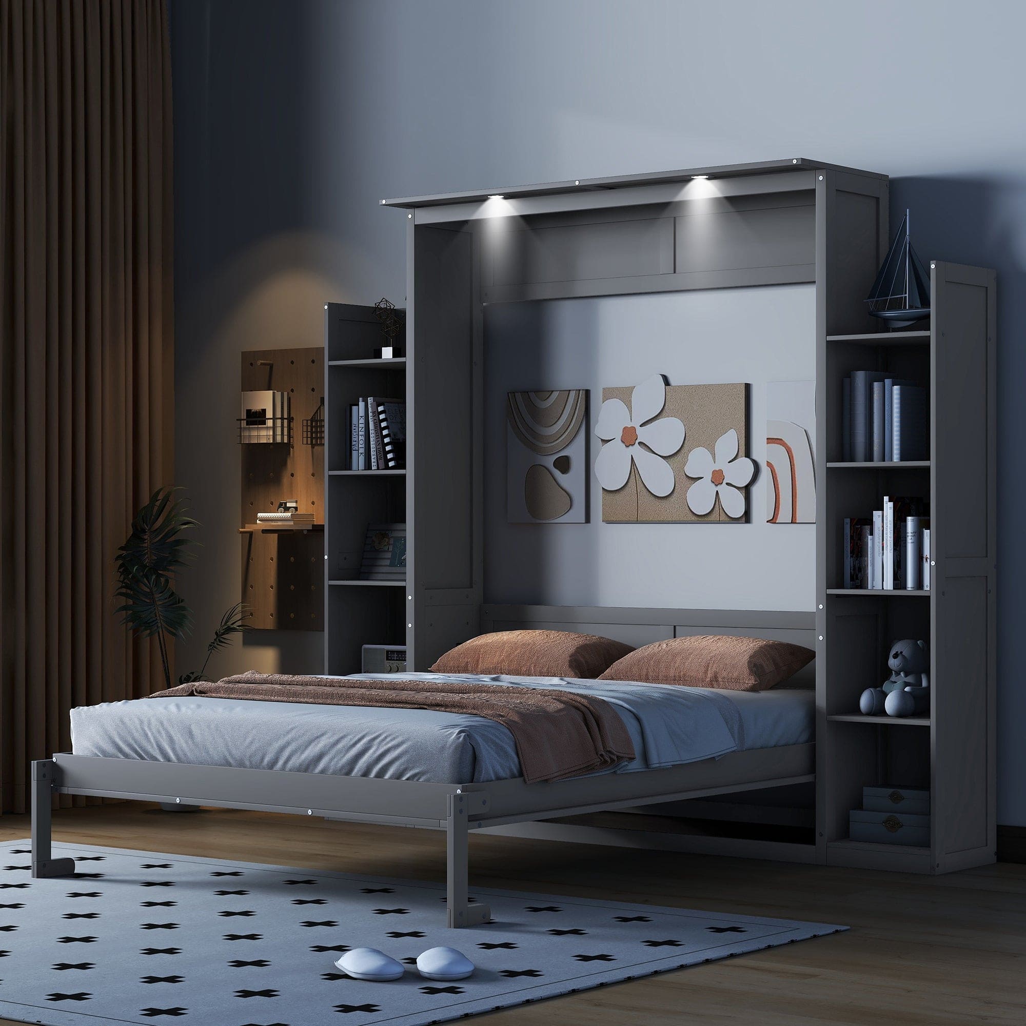 Queen Size Murphy Bed Wall Bed with Shelves and LED Lights,Gray