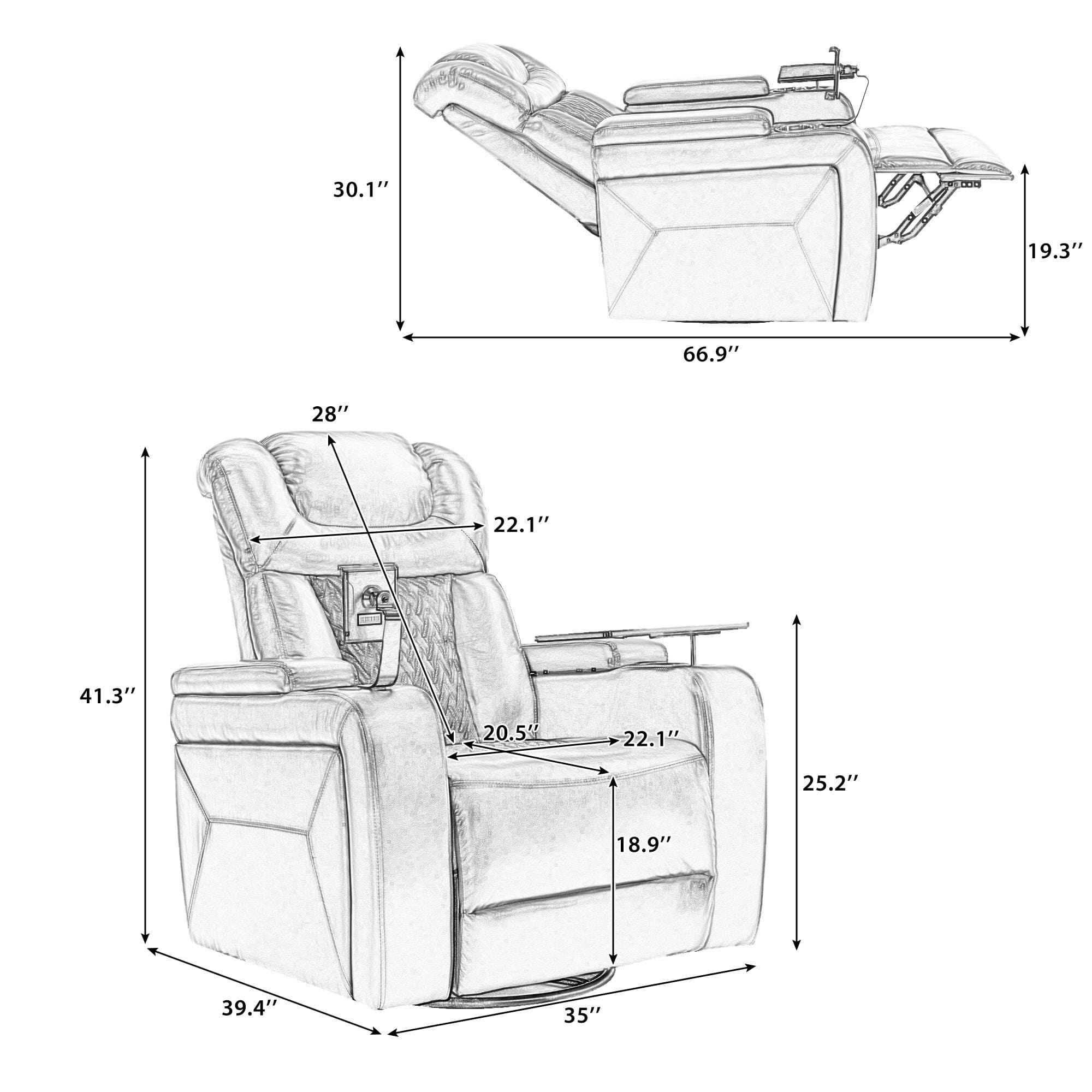 270 Degree Swivel PU Leather Power Recliner Individual Seat Home Theater Recliner with  Comforable Backrest, Tray Table,  Phone Holder, Cup Holder,  USB Port, Hidden Arm Storage for Living Room, Black