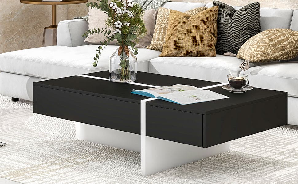 ON-TREND Contemporary Rectangle Design Living Room Furniture, Modern High Gloss Surface Cocktail Table, Center Table for Sofa or Upholstered Chairs, 45.2*25.5*13.7in, Black